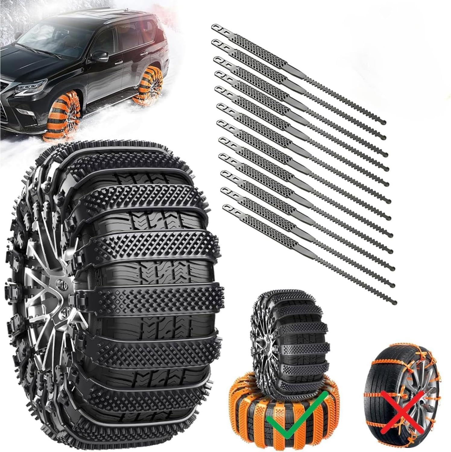 10 Pcs Car Snow Chains for Hyundai Santa Cruz 2022-2025 Reusable Anti-Slip Tire Winter Snow Chains Emergency Traction Adjustable Outdoor Wear-Resistant Accessories Orange