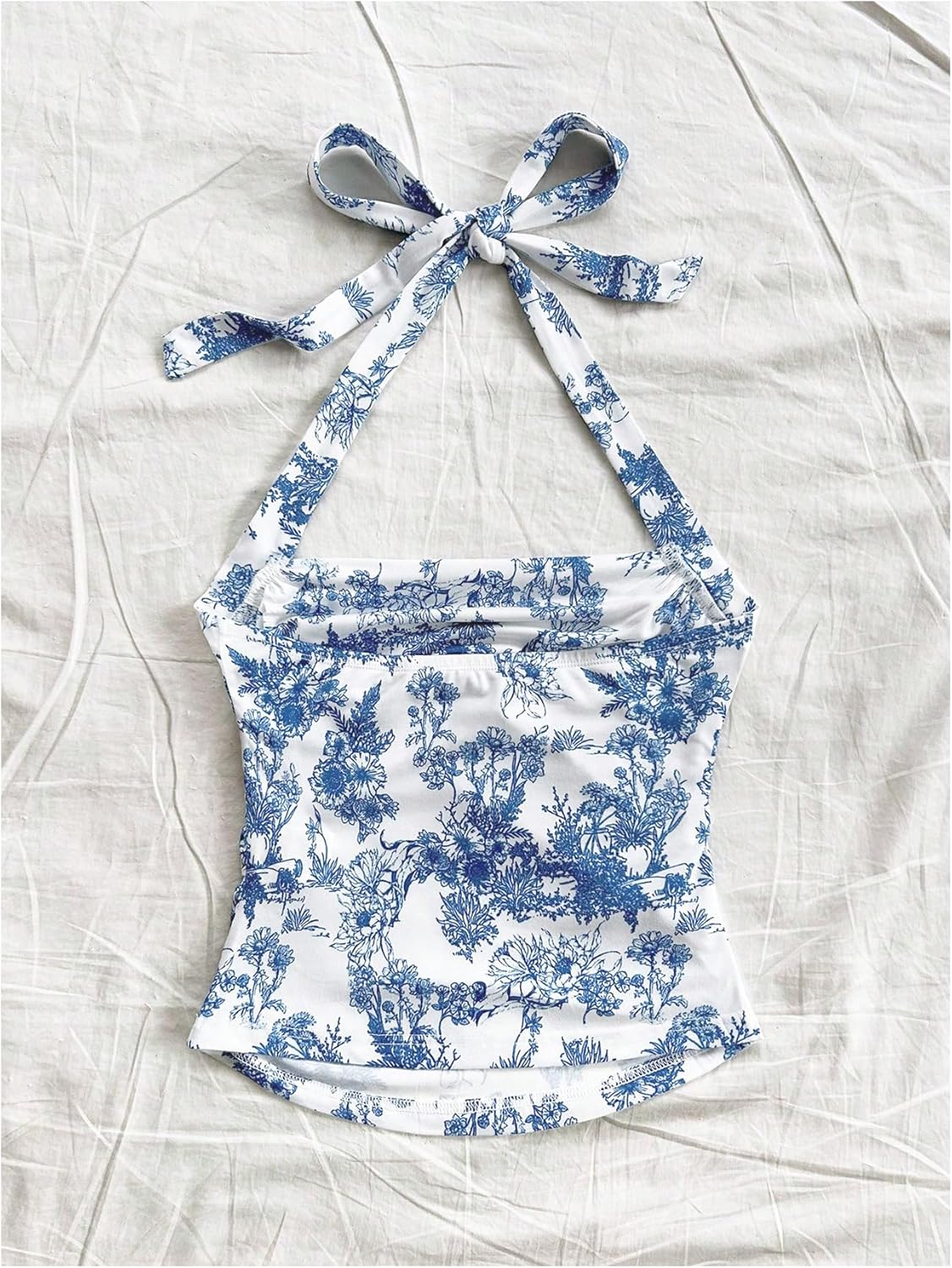 WDIRARA Women's Floral Print Halter Top Ruched Tie Backless Sleeveless Boho Crop Tops - Image 3