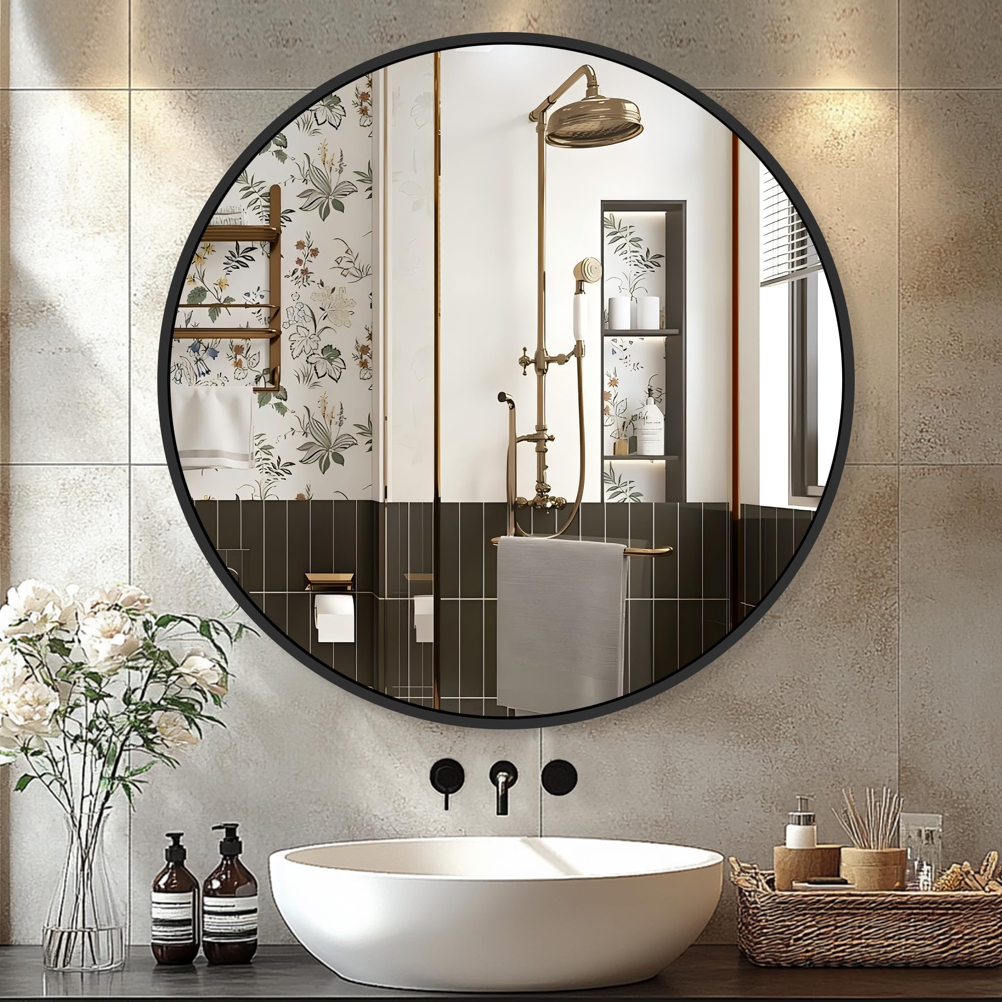 Black Frame Mirror, Bathroom Mirrors for Wall,22'' Round Circle Mirror for Entryway Bedroom Vanity(22'',Black)