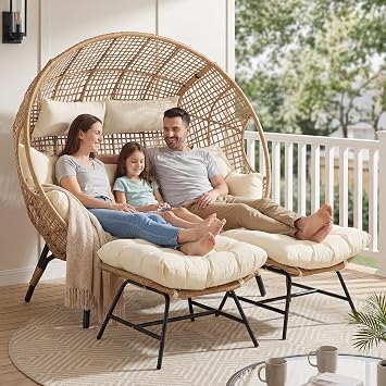 BULEXYARD 3-Piece Double Egg Chair with Ottoman Outdoor, Wicker Seat