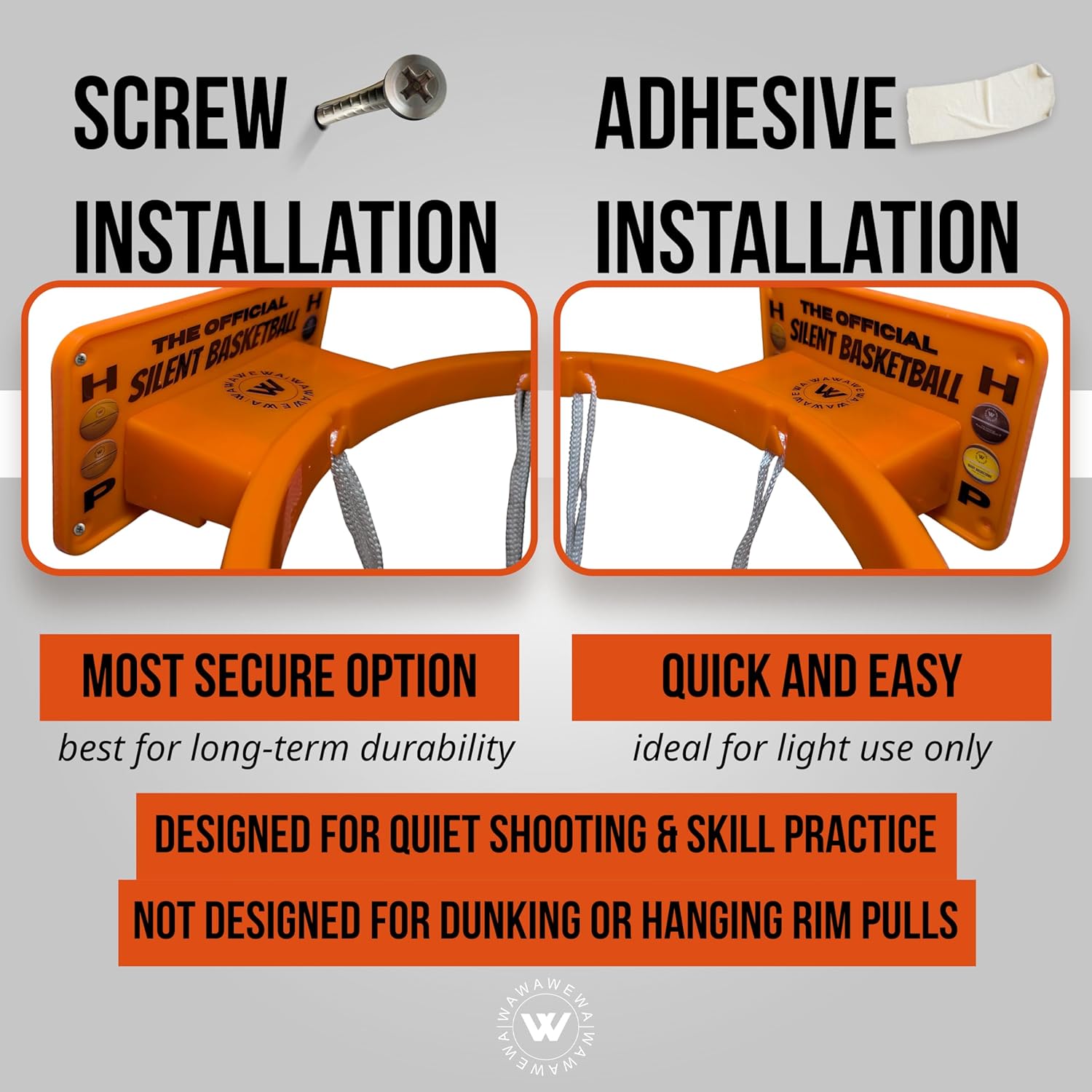 WAWAWEWA The Official Silent Basketball (Size 7) Bundle with Hoop – Indoor Basketball for Quiet Dribbling – Grooved Airless Indoor Training Basket Ball & Large Wall Mounted Basket Ball Hoop