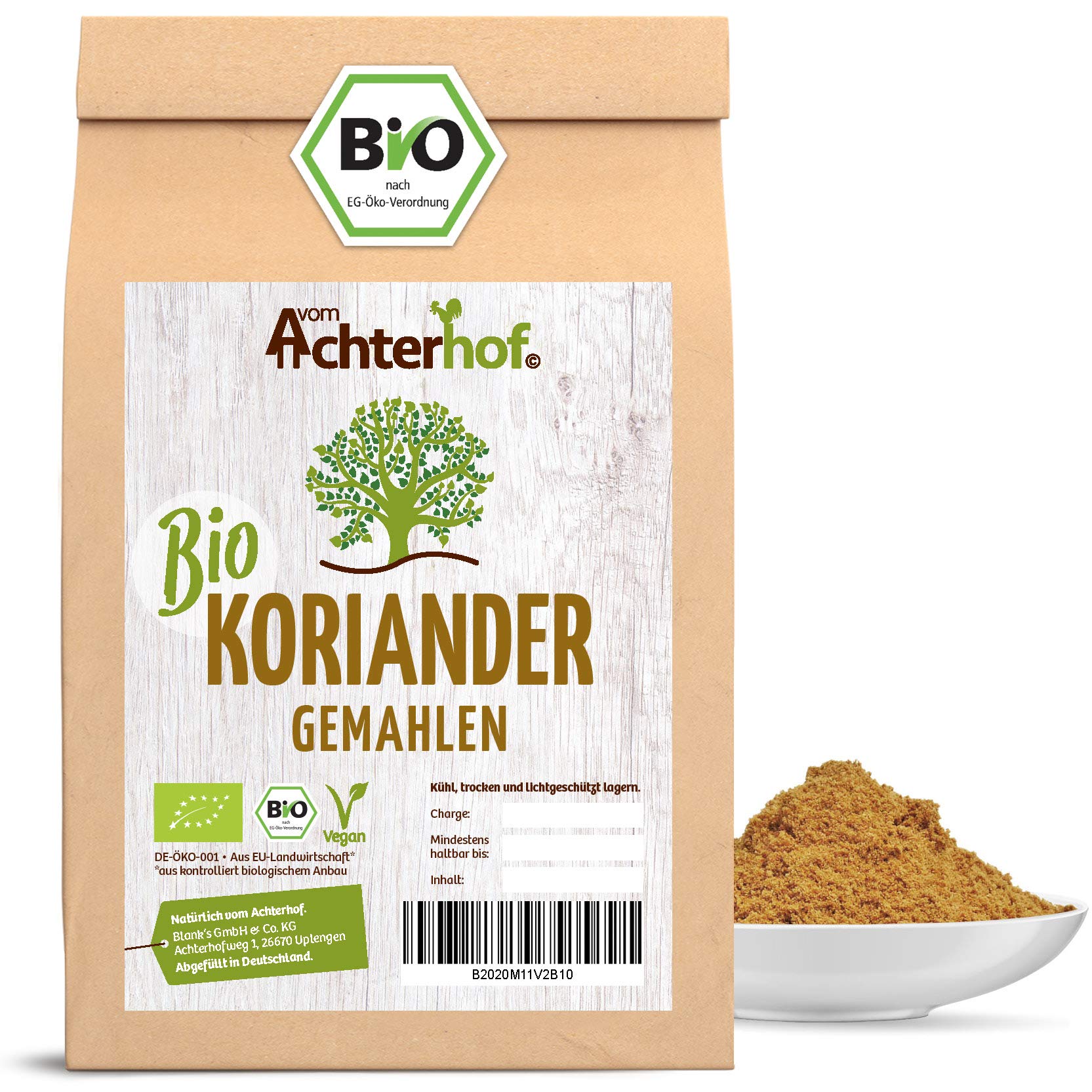 Koriander gemahlen Bio 500g | fein gemahlene Koriandersaat in Bio-Qualität | würzig, nussig und leicht süßlich im Geschmack | Korianderpulver | vom Achterhof