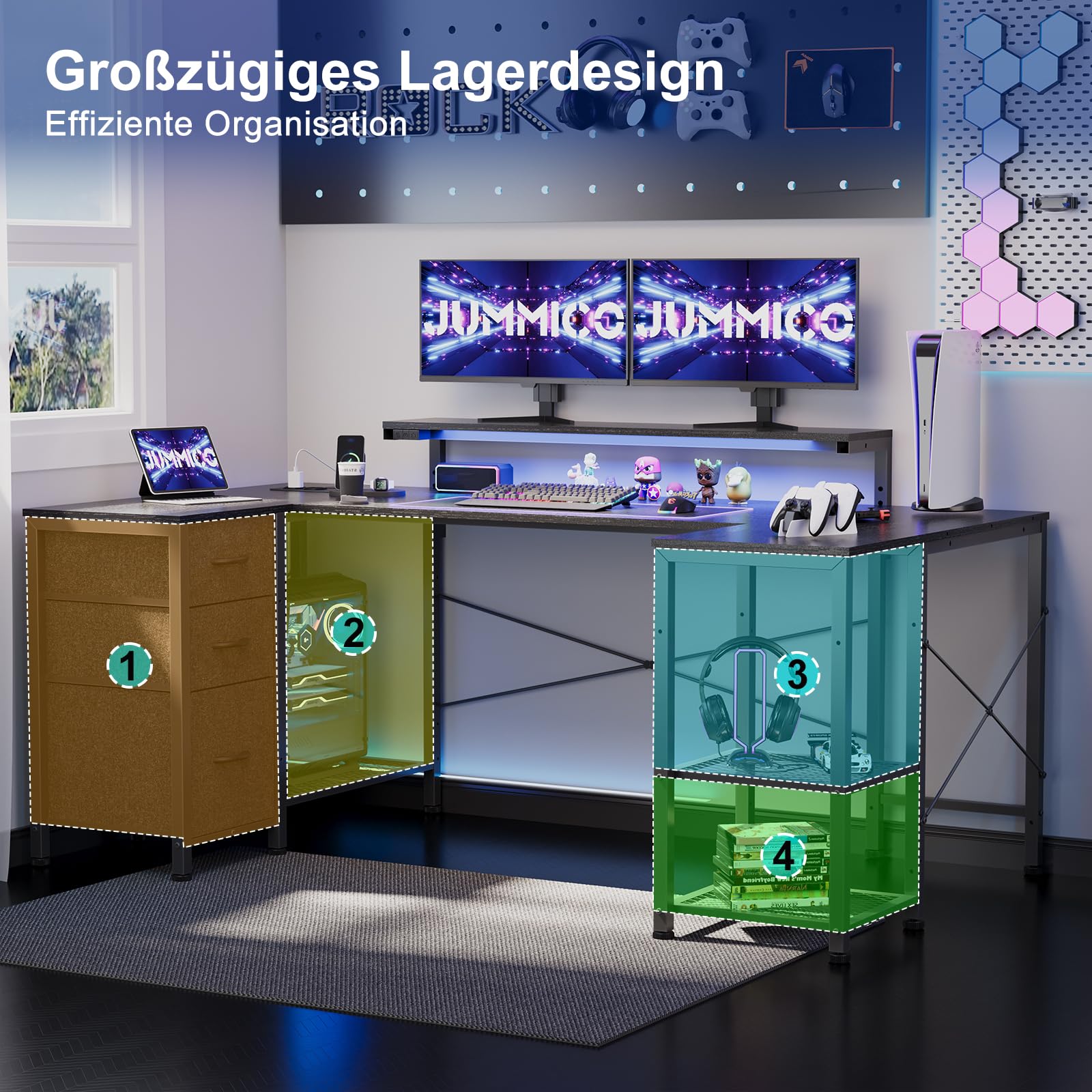 JUMMICO Gaming Schreibtisch Eckschreibtisch L-Form, 170x95cm mit LED-Beleuchtung, höhenverstellbarem Monitorständer, 3 Schubladen, 2 Steckdosen & 2 USB, Schreibtisch aus Stahl und Holz,Schwarz