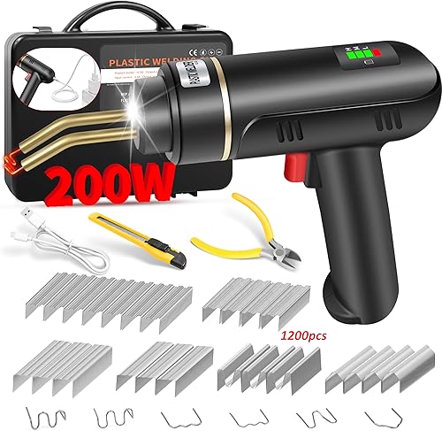Soldador de plástico inalámbrico de 200W, kit de soldadura de plástico con 1200 grapas calientes, pistola de soldadura de plástico recargable por