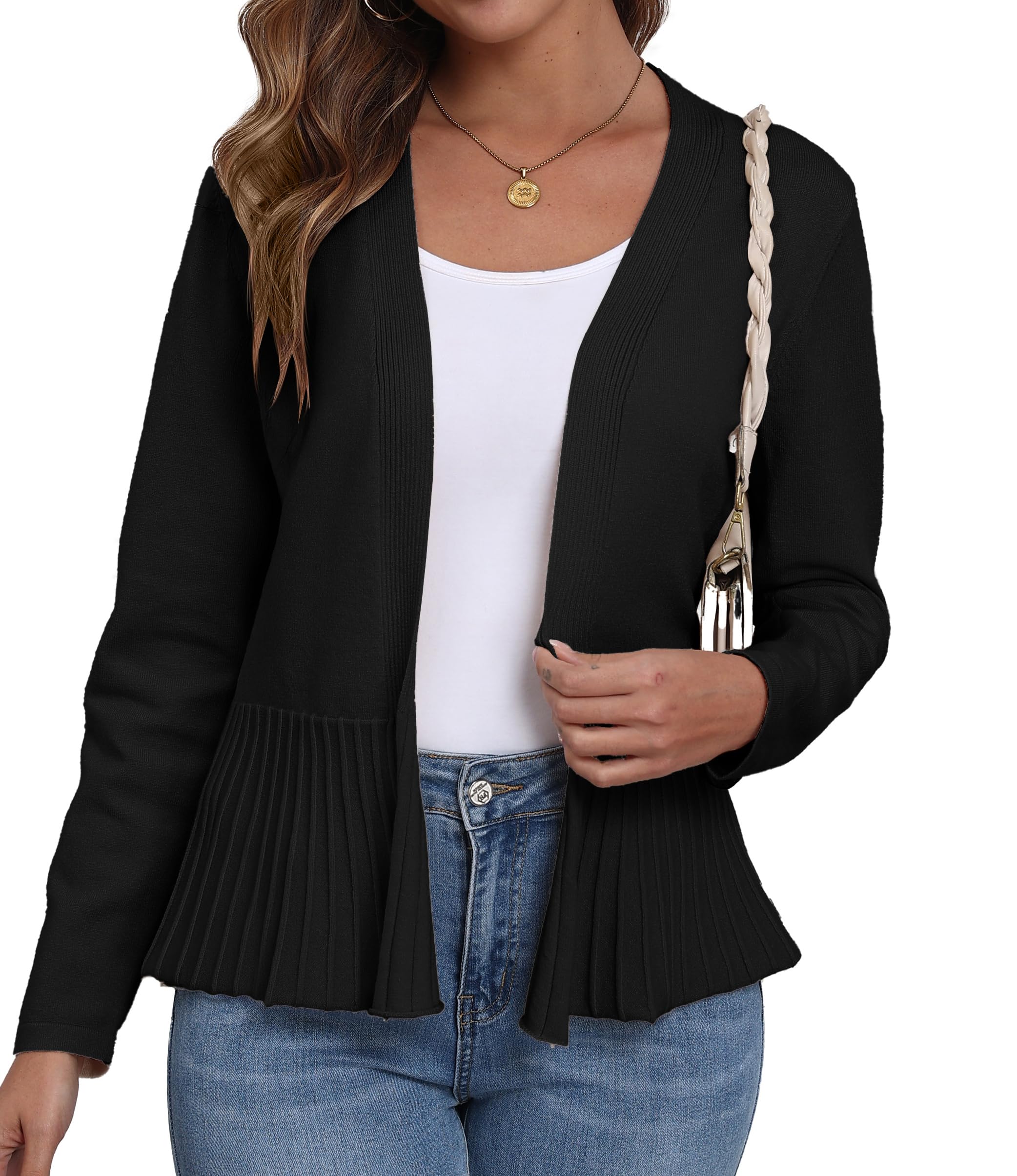 GRECERELLE Cárdigan de punto para mujer con dobladillo plisado, ligero, manga larga, cárdigan para mujer, corto, elegante, informal, con frente abierto, bolero Cover Up