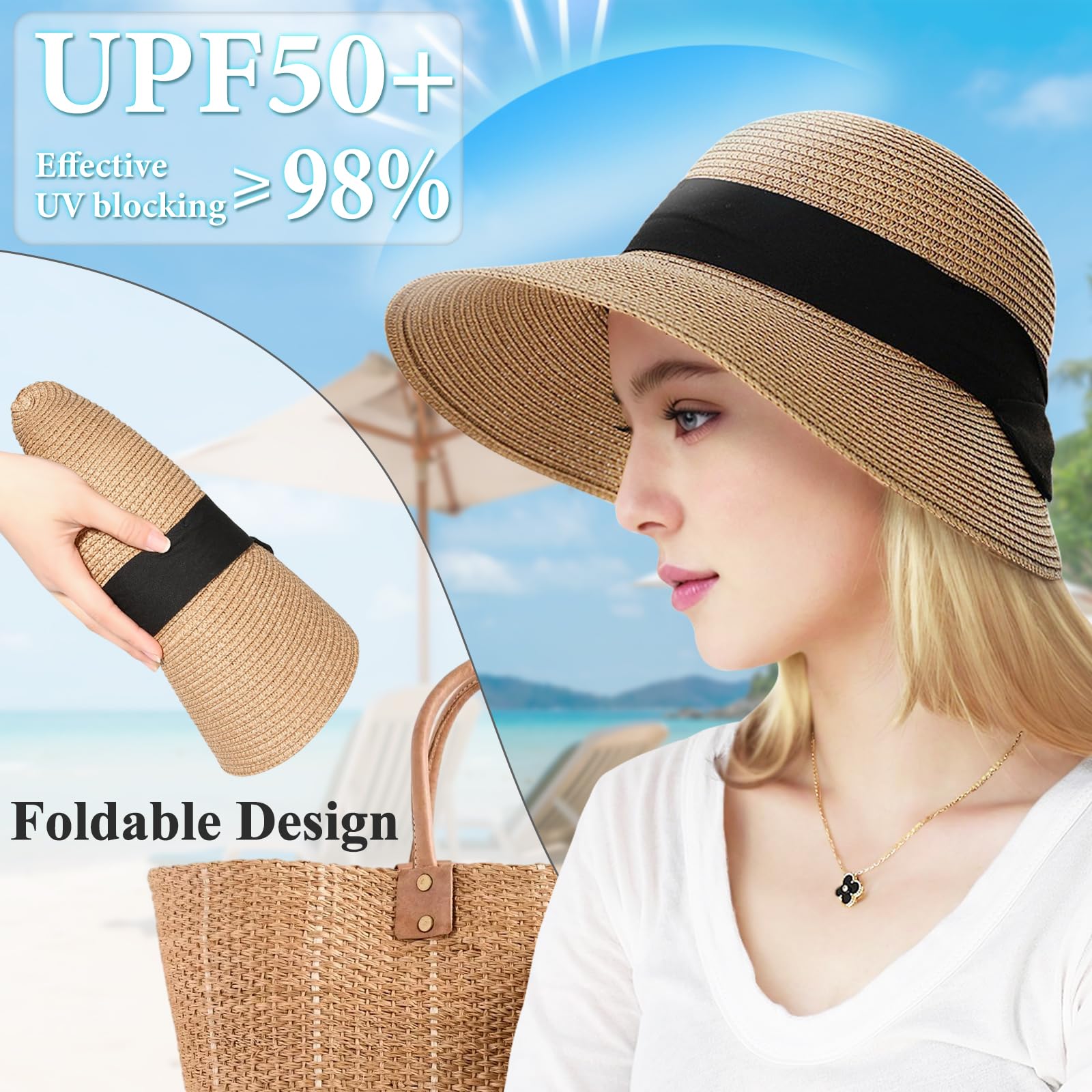 Sombrero de paja para mujer, protección UV, sombrero de paja con ala ancha, transpirable, sombrero de playa, sombrero de verano plegable para viajes y vacaciones