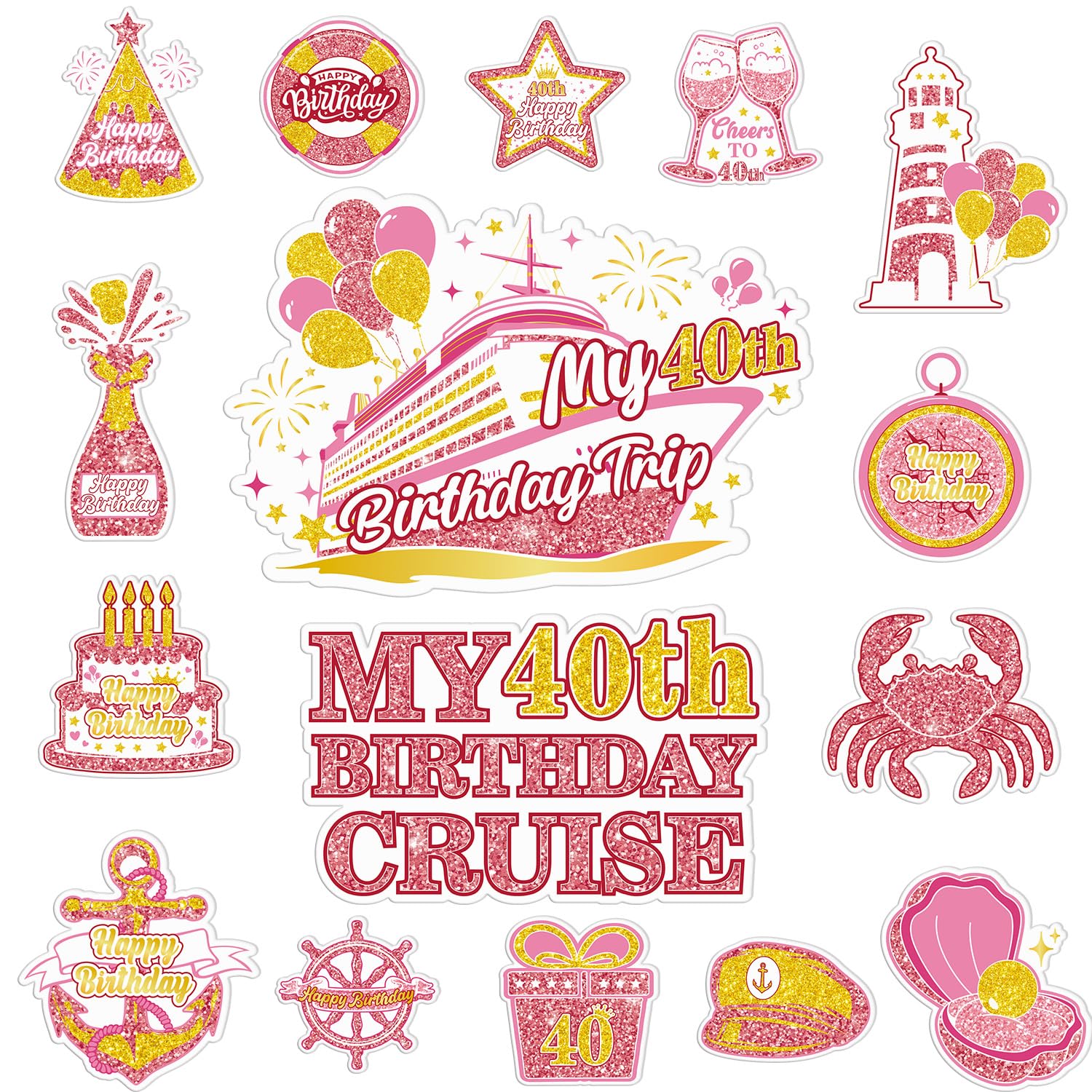 Cosmisun Cruise Door Decorations Magnetic - 16 Pcs Rose Gold 40th Birthday Cruise Door Magnet 1985 Cruise Ship Door Decorations 40 Year Old Birthday Magnet Stickers for Carnival Cabin Party Decor