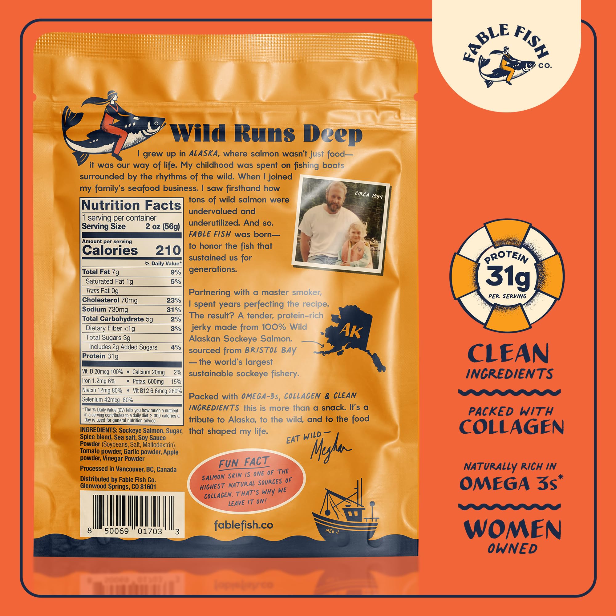 Fable Fish Wild Alaskan Salmon Jerky - Wild Caught Salmon with 31g of Protein - Tasty Fish Jerky with Omega-3s and Natural Source of Collagen - Made with Whole Muscle Sockeye - Sweet Chili thumbnail 2