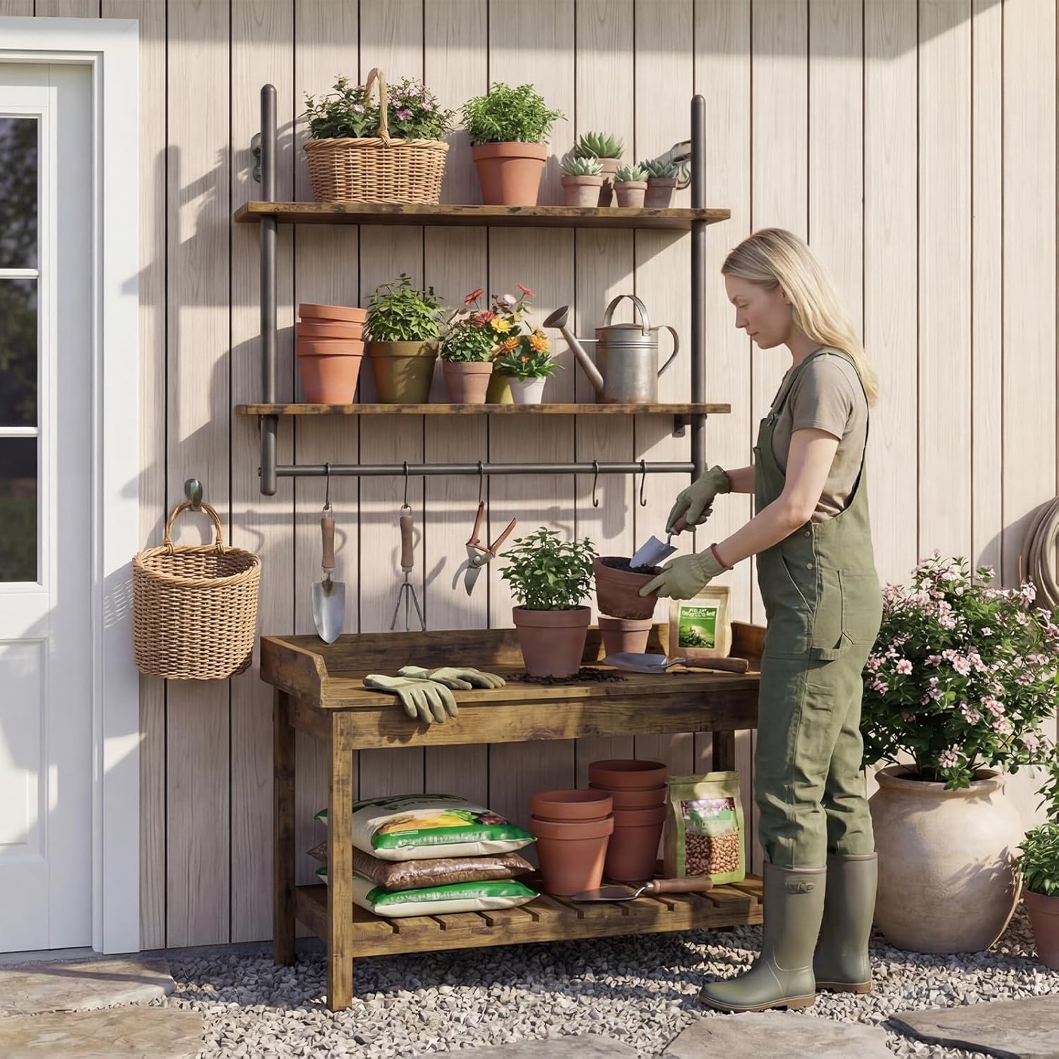 Merapi Industrial Pipe Floating Shelf with Towel Bar & Hooks - 31.5" Wall Mounted Kitchen, Bathroom, Coffee Bar Shelf - Modern Farmhouse Wood & Metal Shelves with 8 S-Hooks