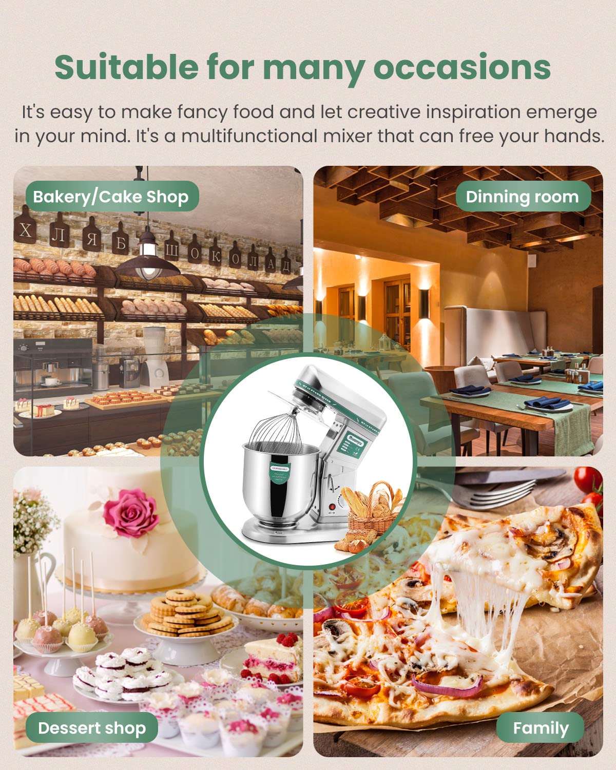 Huanyu Batidora Mezclador de Soporte Comercial con Gancho de Masa 3 en 1 Batidor Plano Máquina de Mezcla Alimentos Multifuncional Eléctrica Comercial 10QT 500W