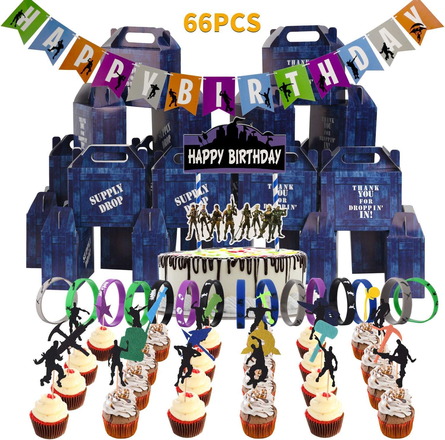 Birthday Party Supplies for Game Fans-include 24 PCS Party Drop Box,24 PCS Cake Topper,15 PCS Gaming Themed Bracelets,2 PCS Banner and 1 PCS Birthday Cake Toppers