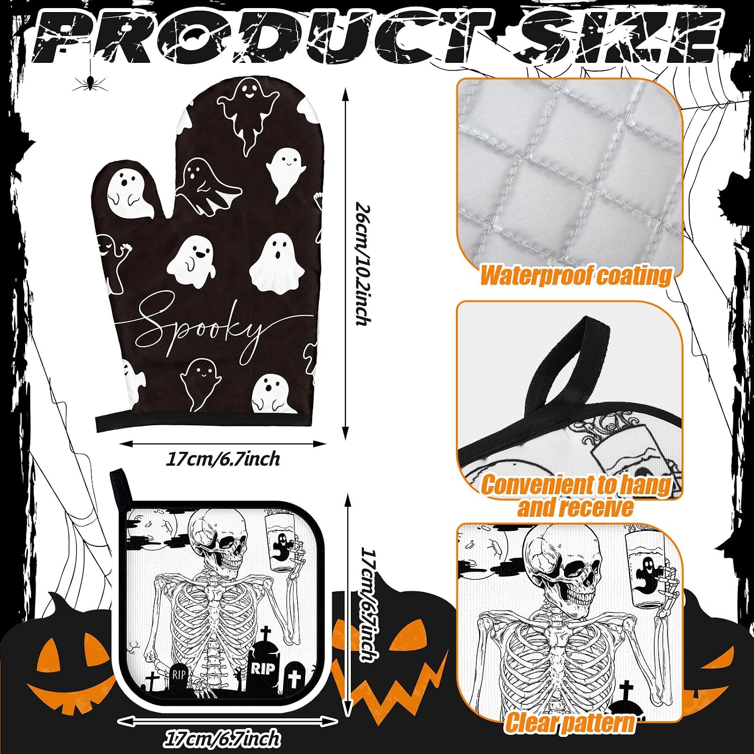 12 Pcs Halloween Kitchen Towels and Oven Mitt Sets 4 Skeleton Oven Mitts 4 Ghost Dish Towels and 4 Witch's Pot Holders Cooking Accessories for Holiday Kitchen Decoration