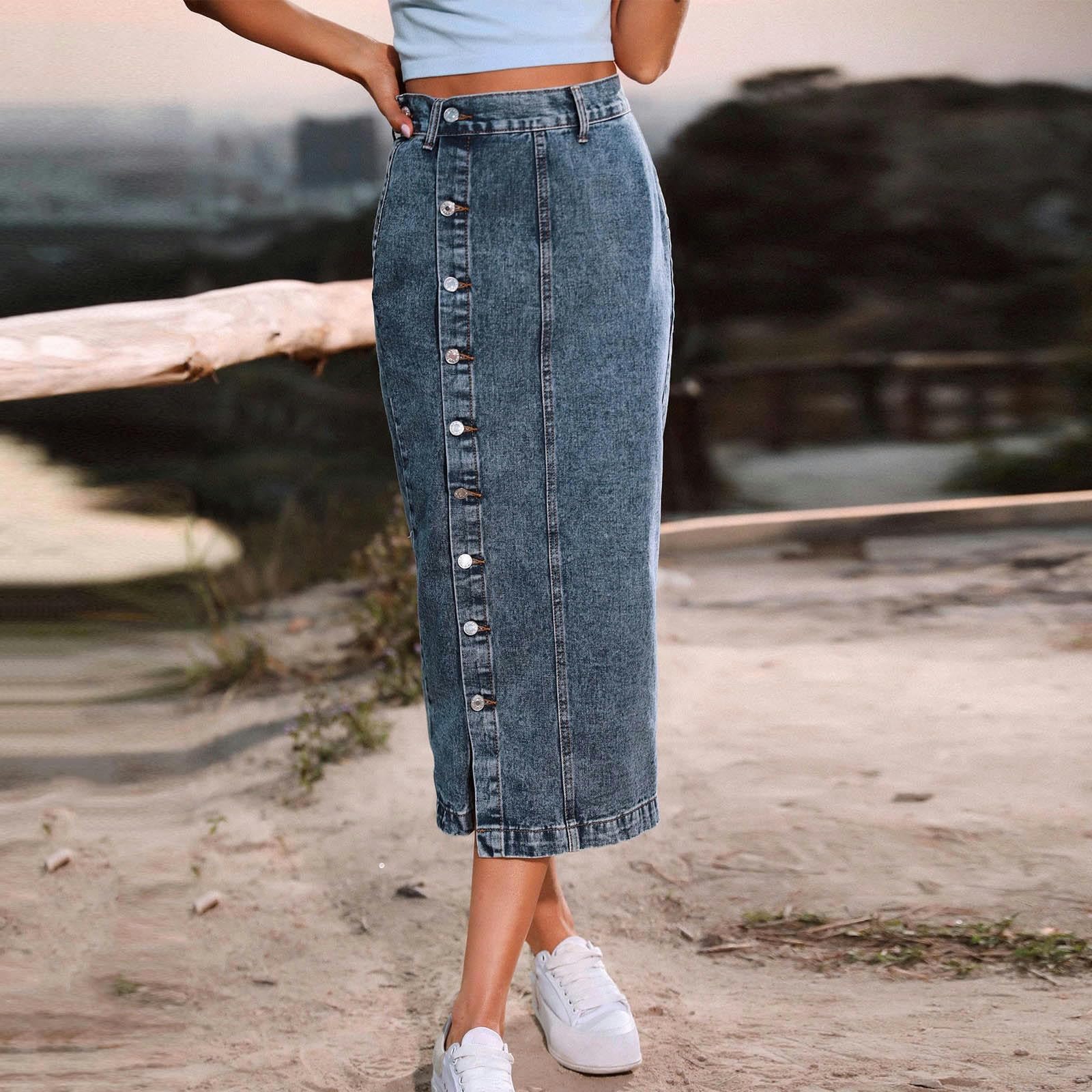 Novedad de verano, faldas vaqueras con abertura irregular en la parte delantera con botones europeos y americanos, falda larga delgada de cintura alta, falda vaquera midi informal, azul marino, M