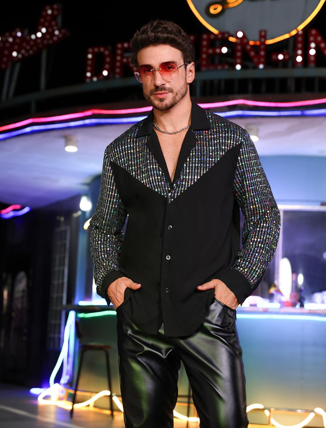 OLEMEK Men's 70s Disco Shirt Long Sleeve Button Down Sequins Glitters Shirt Nightclub Party Shirts - Image 2