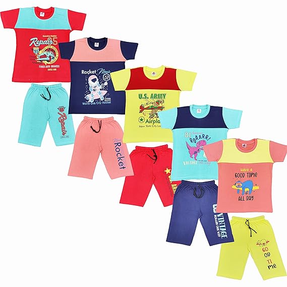 CRAZYON Boys Roundneck t Shirt Shorts 3/4 Cut and sew Combo Pack of 5 Set