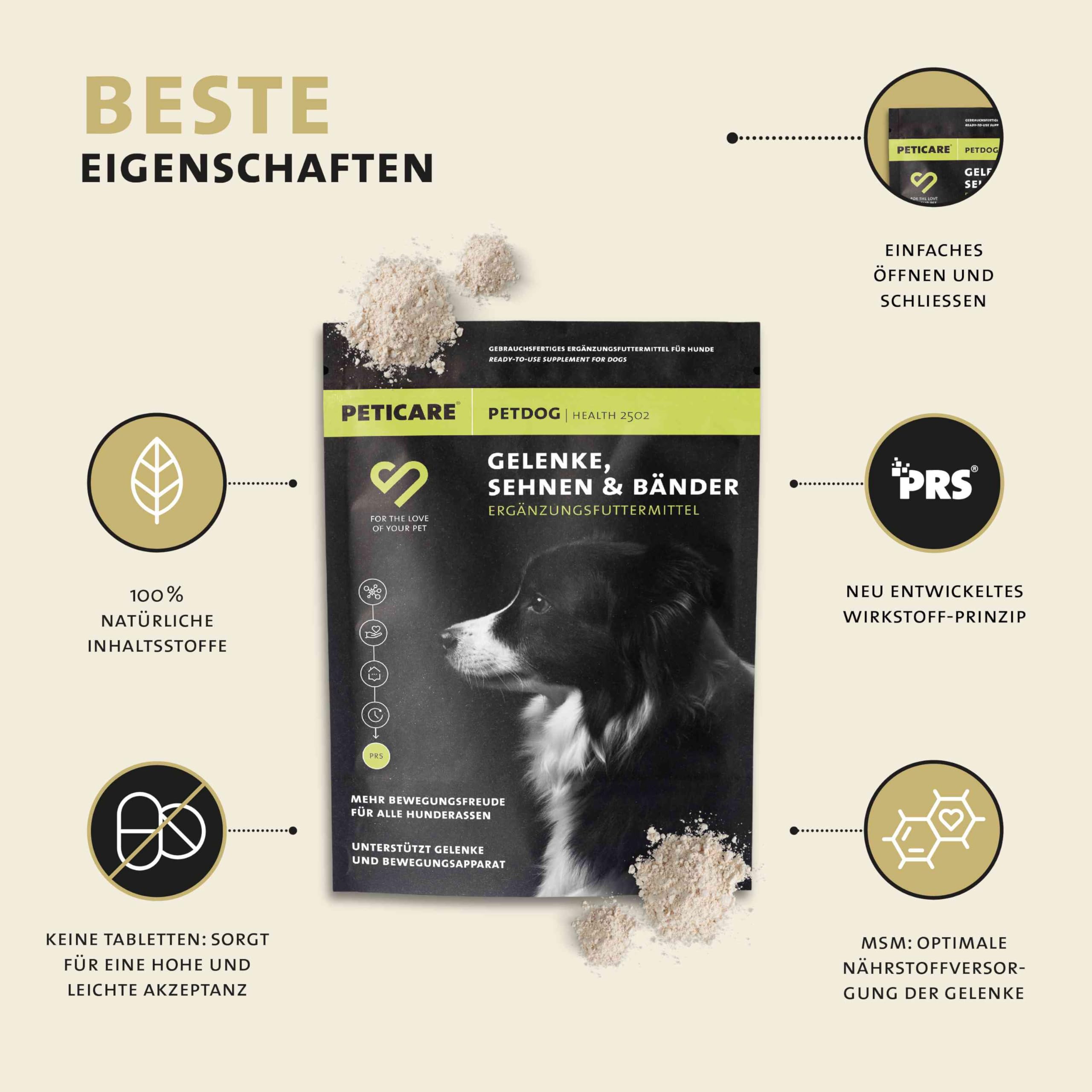 Peticare PetDog Health 2502 proszek stawowy dla psów, z MSM, kolagenem, wspiera stawy, układ mięśniowo-ruchowy, ruchliwość po obciążeniu, bez tabletek, kapsułek, środek do karmy uzupełniającej