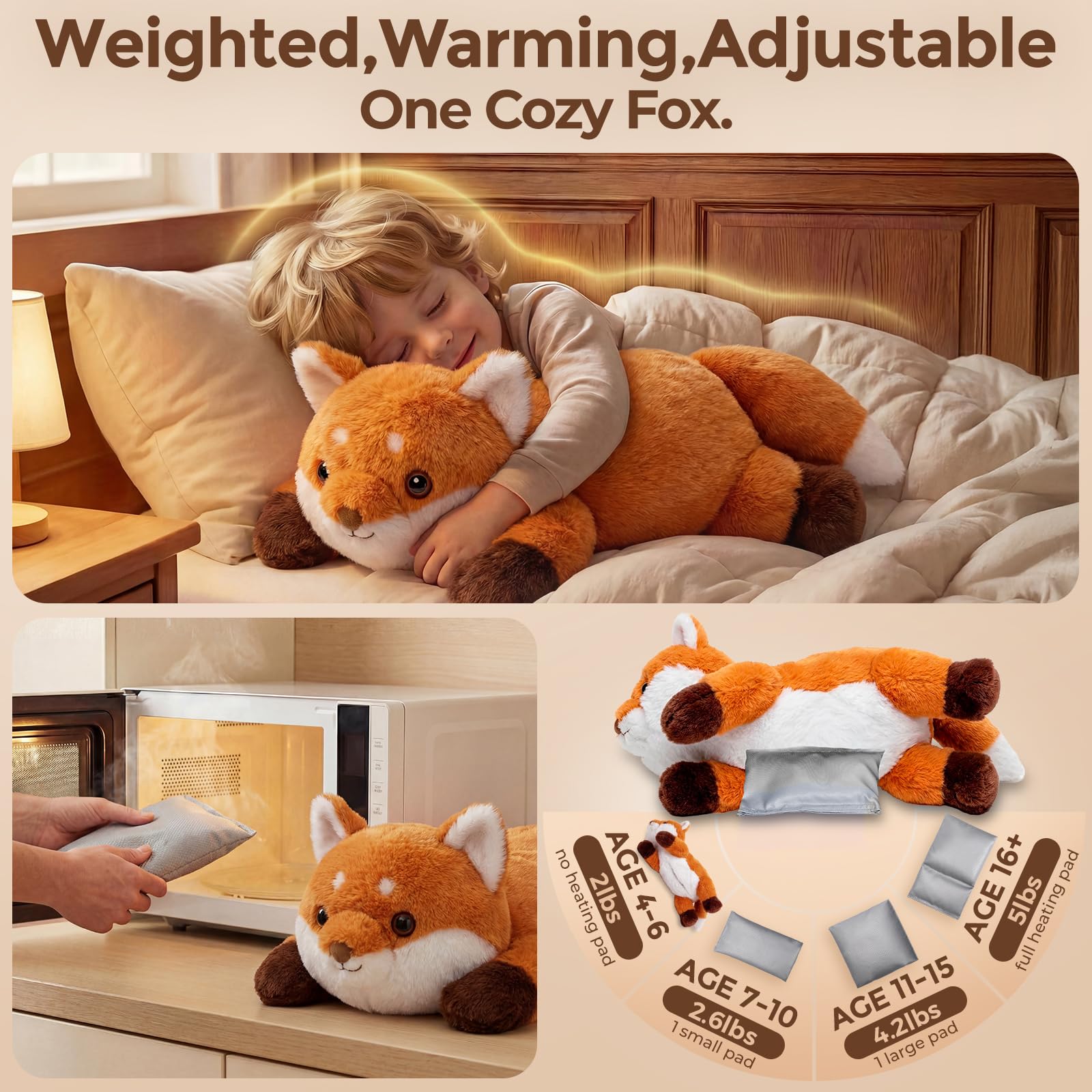 Mewaii Peluche de Zorro con Peso 2-5 LB, 23", Calentable y Enfriable, Apto para Microondas, Almohadilla Interior Extraíble y Ajustable, Regalo Suave para Adultos y Niños, Rojo