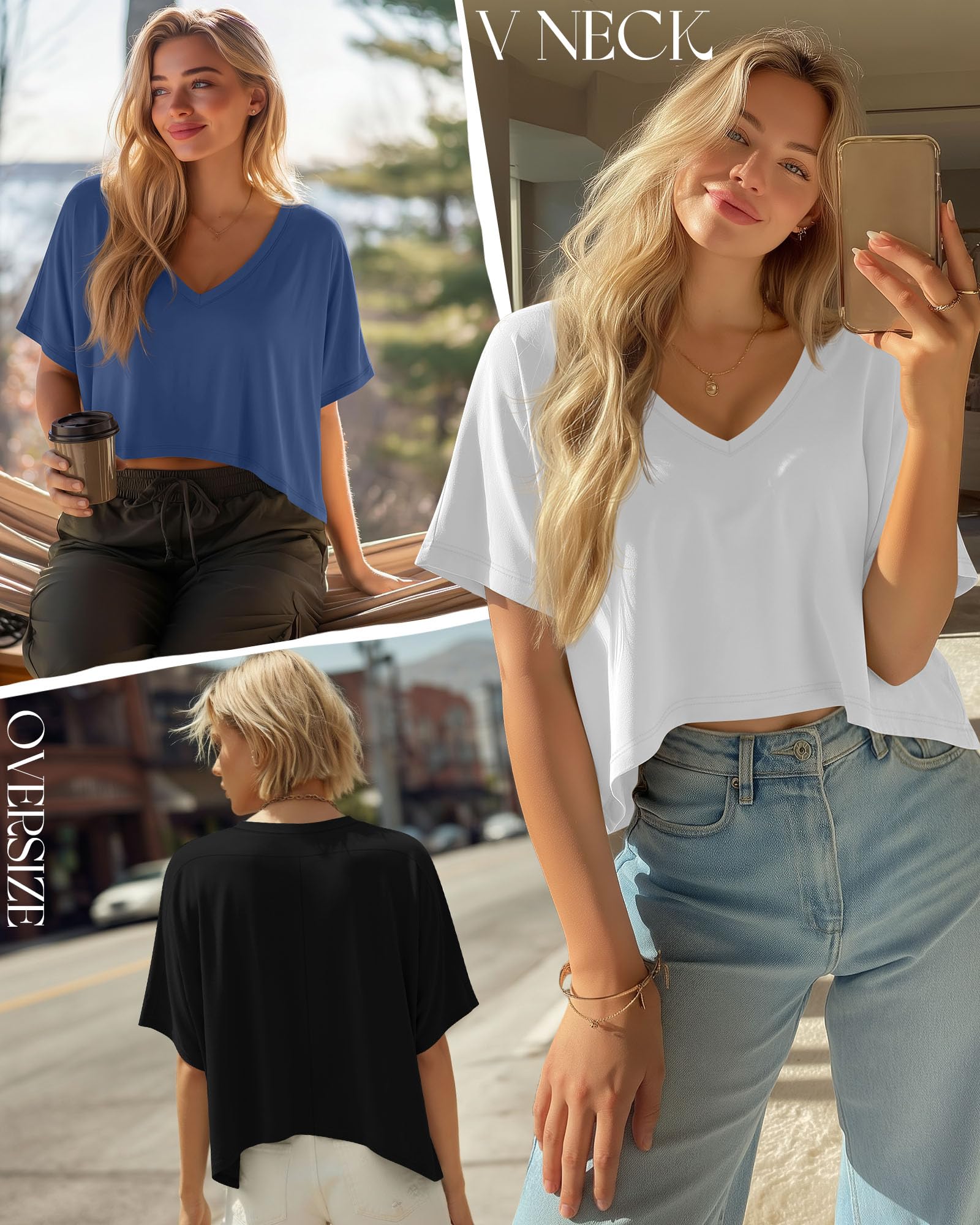 Geyoga Pack 3 Crop Tops Oversize Mujer Cuello V