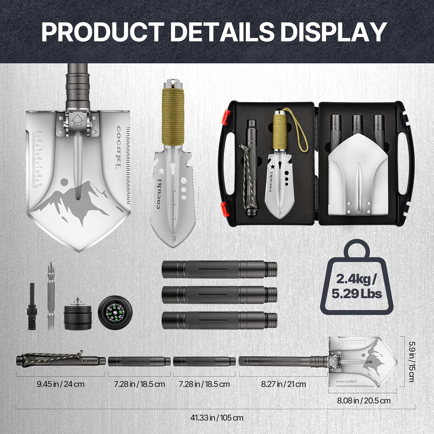 Camping Shovel Survival Kit, 2.0 Version One-Click Conversion Military Grade Multifunctional Folding Tactical Shovel with Titanium Backpacing Trowel for Camping, Emergency, Gardening, Hiking