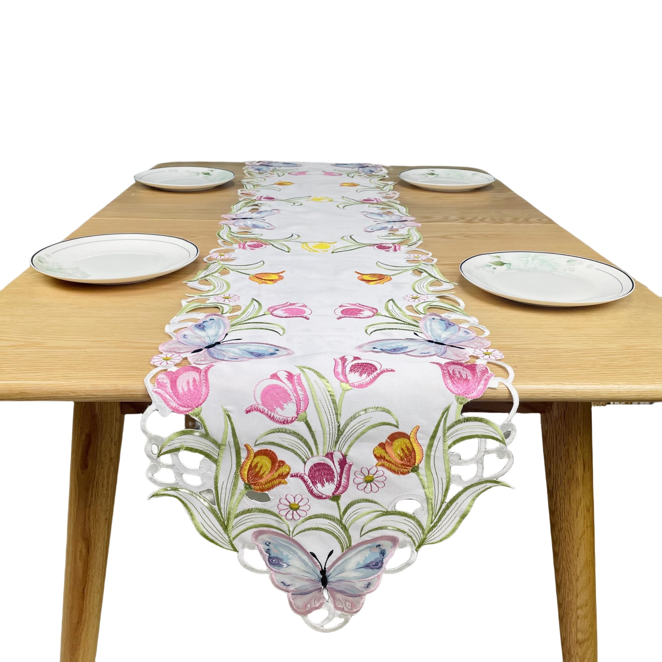 HOMESUNSHINE Butterfly Flora Tulip Embroidered Cutout Table Runners Table Decorations (13X69)