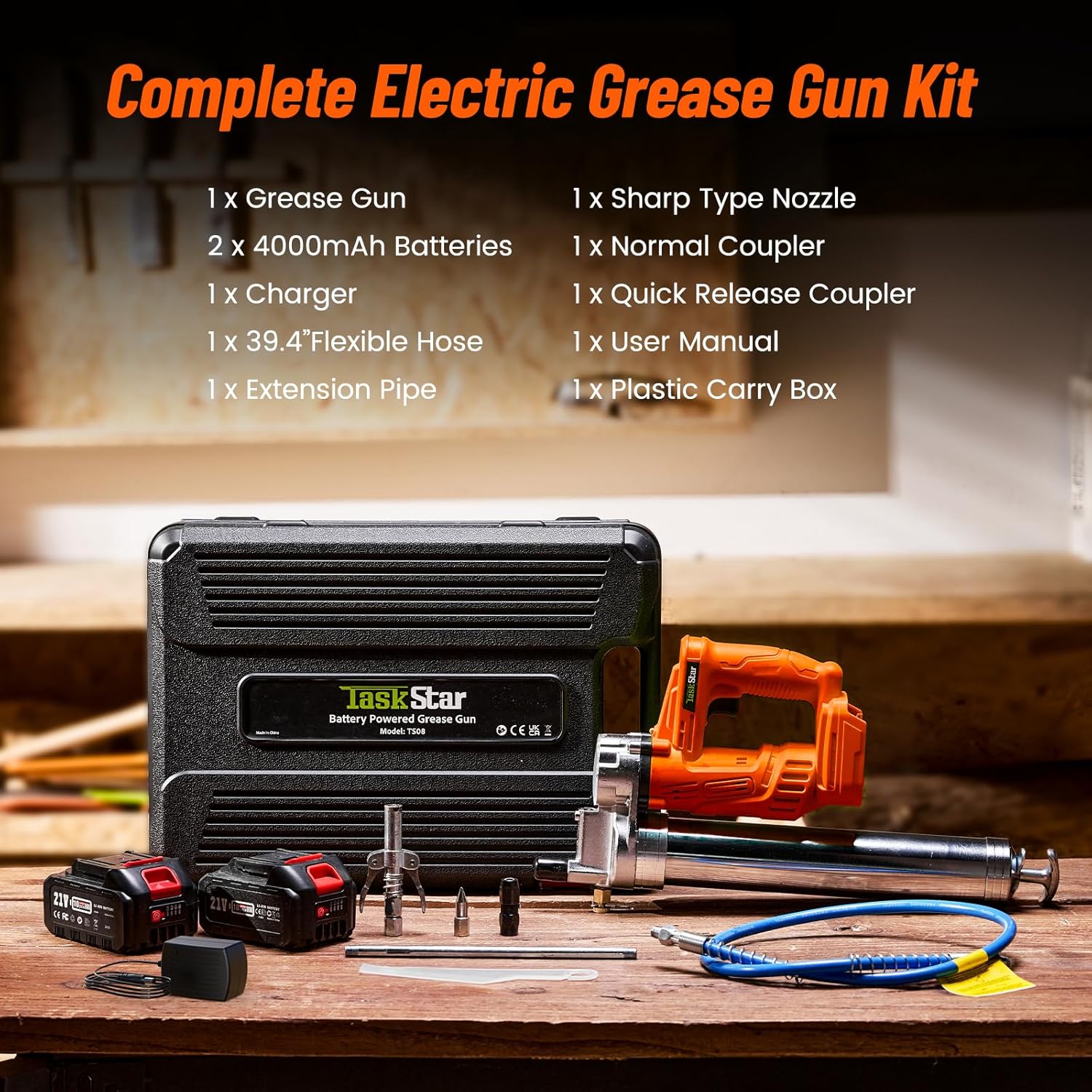 TaskStar Electric Grease Gun, 10000 PSI High-Efficiency Battery Powered Grease Gun with 2 * 4.0Ah Batteries and Charger, for Farmers, Mechanics, and Equipment Owners, Orange