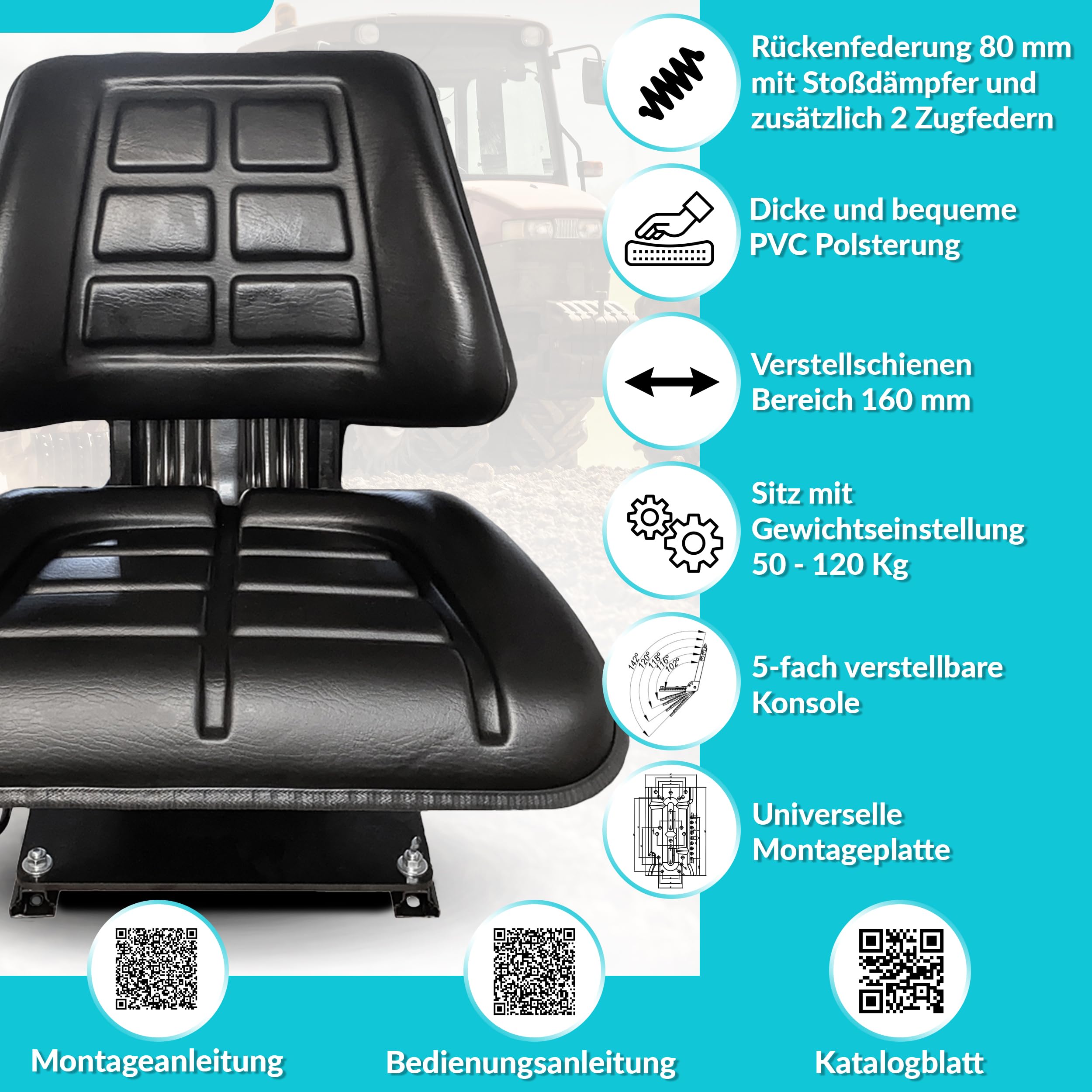 Schleppersitz Traktorsitz Trecker Sitz Oldtimer passend CASE IHC A Familie 323 353 383 423 433 440 453 533 540 KS 44/33V PVC Schwarz neigungsverstellbar mit Stossdämpfer und Zugfedern