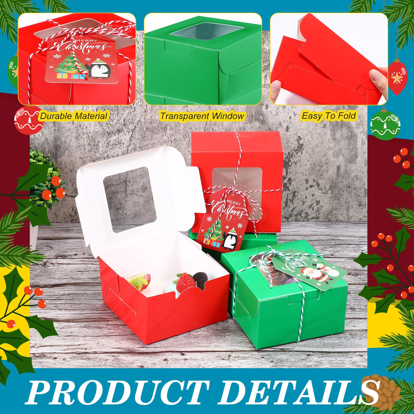 Maxcheck 100 scatole natalizie per biscotti con finestra, 10 x 10 x 7,1 cm, scatole per pasticceria, cupcake, con corda e biglietto, piccole scatole per dolcetti, per mini torte, pasticceria, dessert,