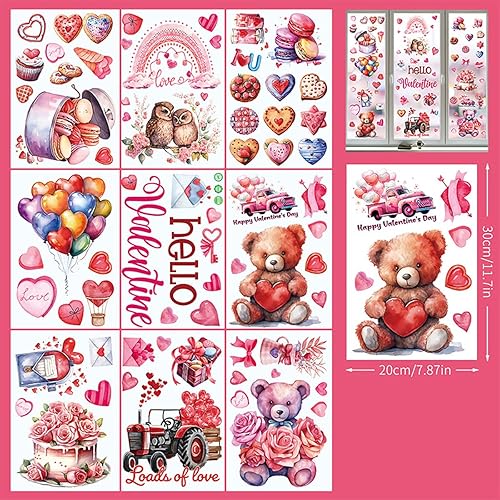Miniatura 7 de 9 hojas de calcomanías de ventana para el día de San Valentín, diseño de oso de dibujos animados, decoración de ventana de doble cara de corazón