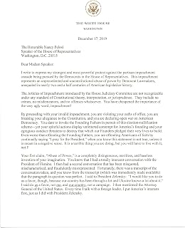 President Trump Letter on Eve of Impeachment: To Nancy Pelosi
