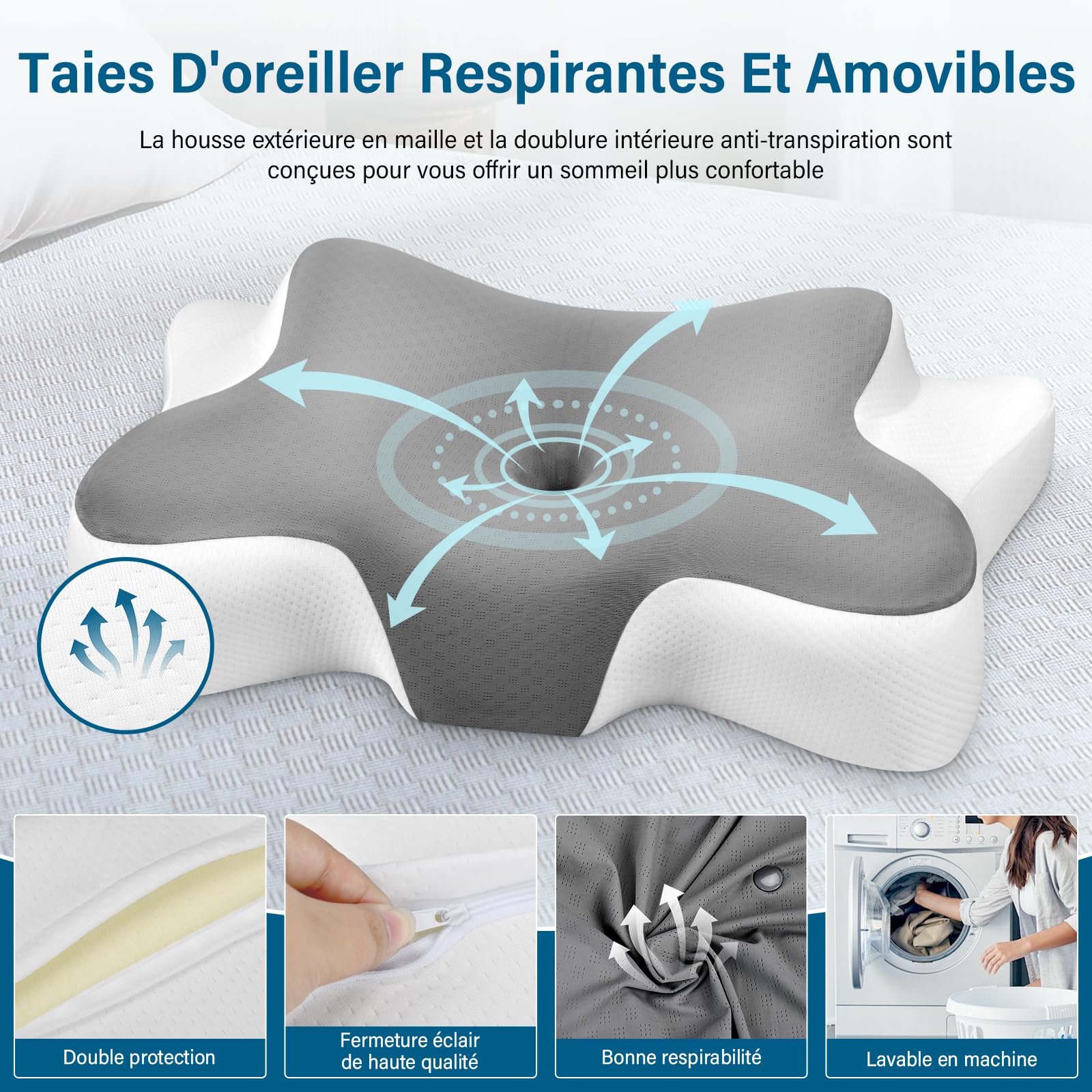 Oreiller Ergonomique Cervical Mémoire Forme, 66x37x12/9cm