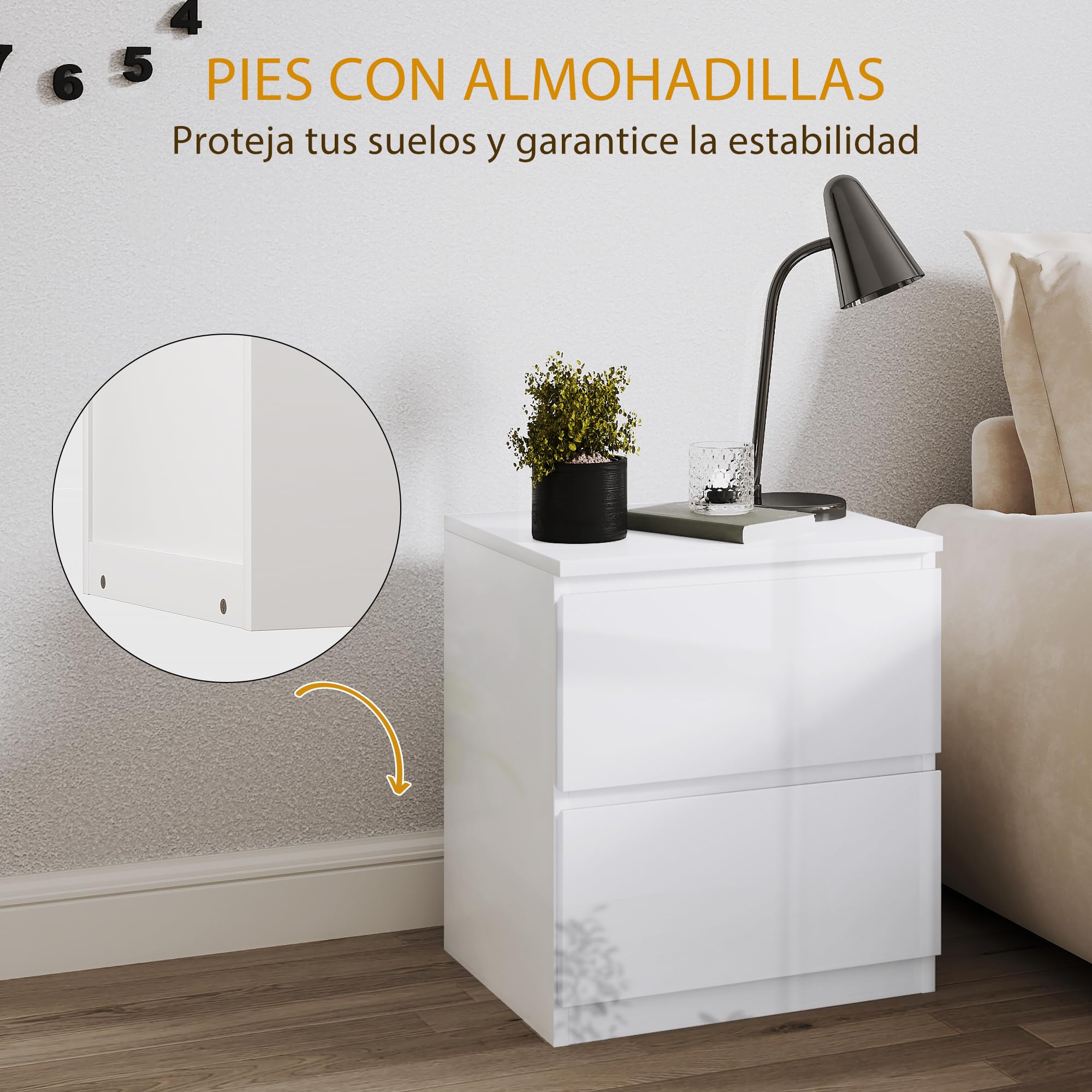 HOMCOM Mesita de Noche Moderna Mesilla de Noche con 2 Cajones Mesa de Noche Mesa Auxiliar para Dormitorio Salón 40x34x45 cm Blanco Brillo