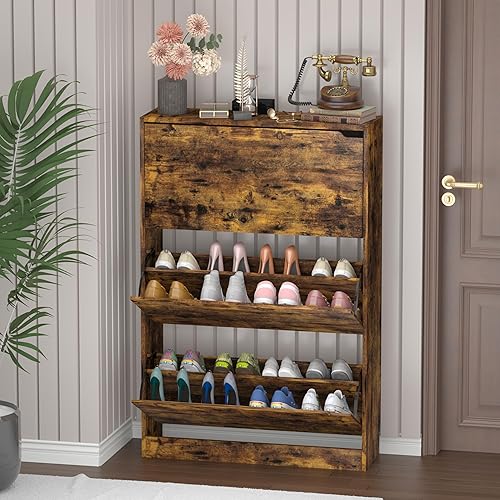 Miniatura 5 de Mueble para zapatos con 3 cajones abatibles, mueble delgado de almacenamiento de zapatos de madera oculto de 47", con estante ajustable, organizador