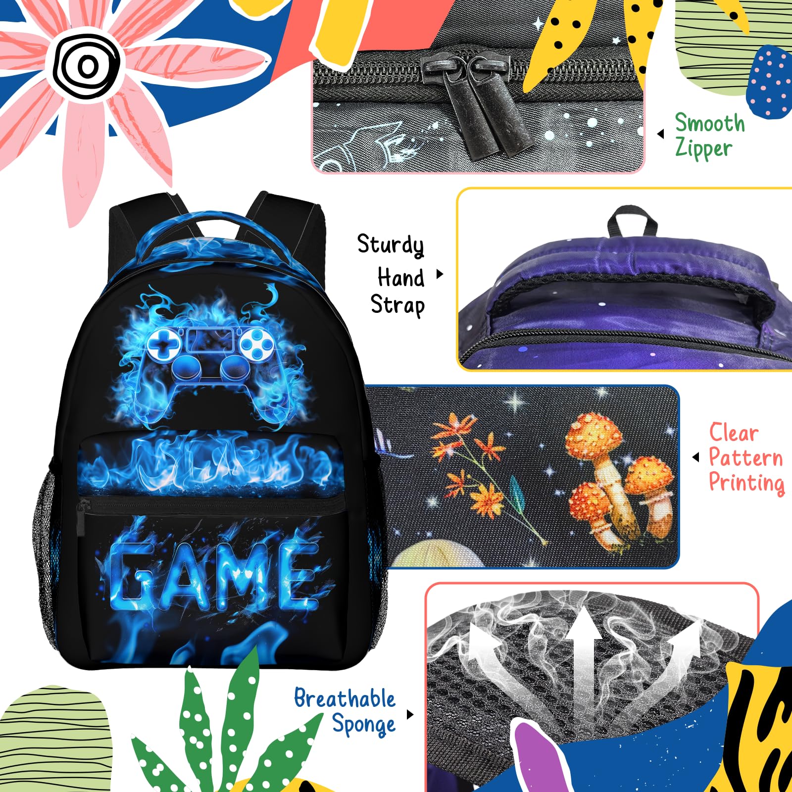 Gaming Kids Backpack for Boys Girls Gamepad Elementary Schoolbag Kindergarten Gamer Bookbags Preschool Toddler Book Bags Travel Bag Hiking Camping Rucksack Daypack for Students Back to School Gifts