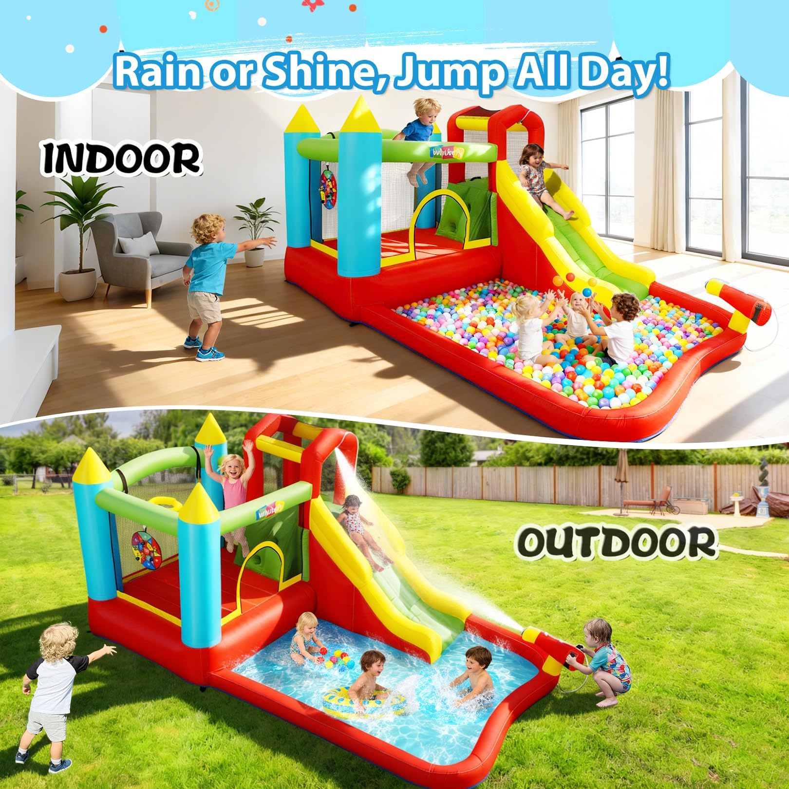 Castello gonfiabile per bambini,Con Scivolo,Castello d’Acqua Set, Trampolino, Piscina e Canestro da Basket, ottimo regalo per la festa in giardino nel parco acquatico, con ventilatore