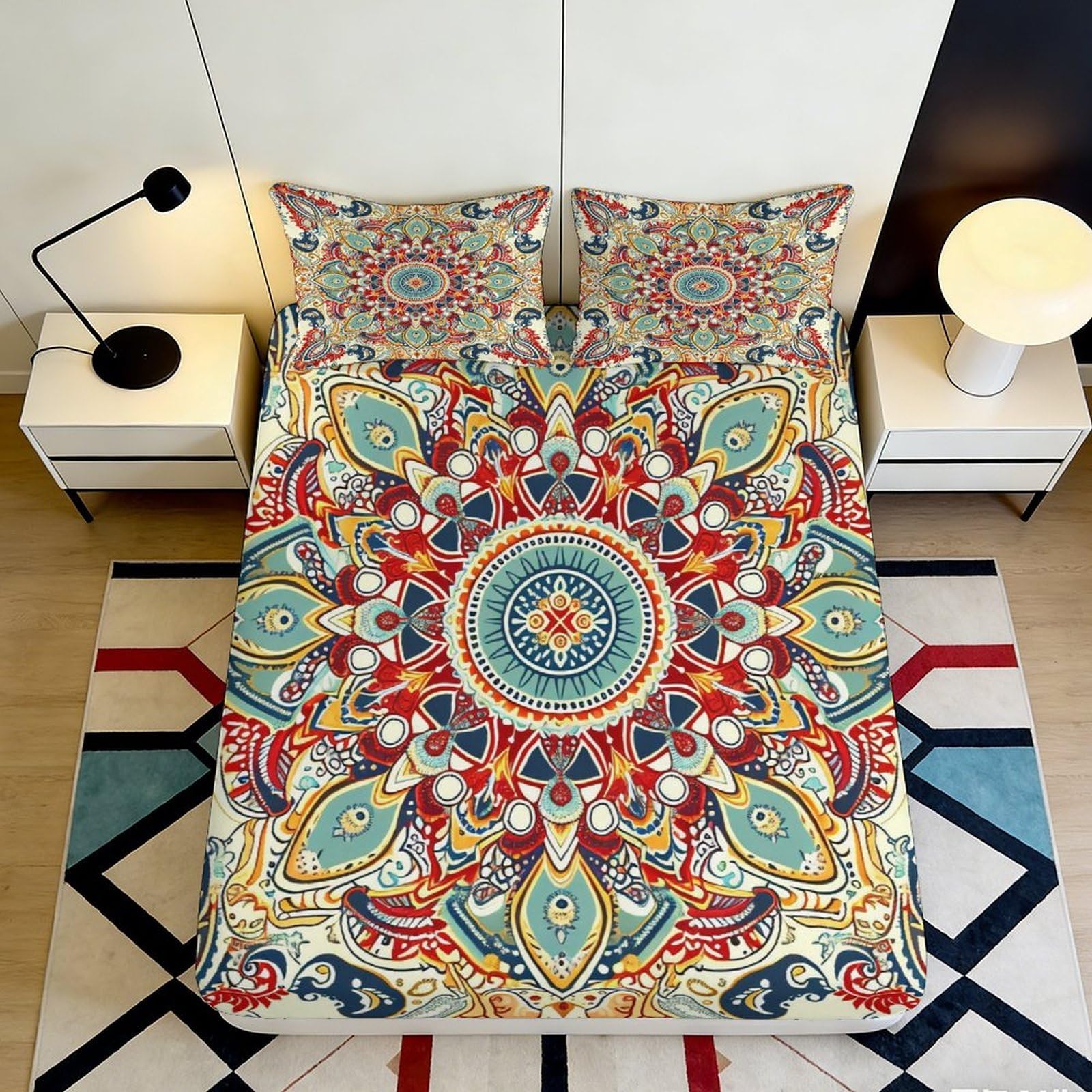 3D Printed Bohemian Pattern Fitted Sheet Microfiber Deep Pocket Bedding Set Boho Mattress Fitted Cover Non-Slip Full Wrap for Adults 90x200x25cm