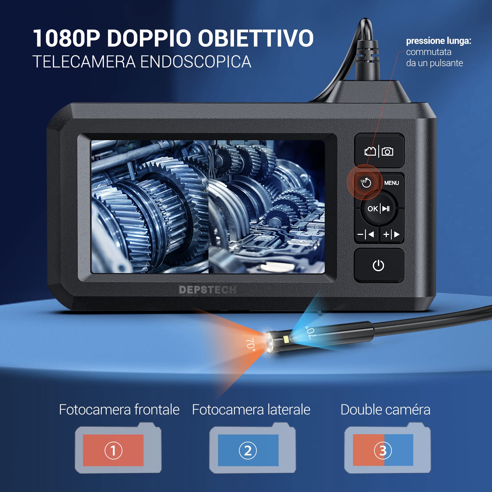 DEPSTECH Caméra Endoscope 1080P 5M Câble Industriel Numérique Double Objectif Caméras d'inspection Écran LCD 4,3" Caméra Étanche IP67 de 7,9mm avec 7 LED Réglables, Carte 32 Go & Accessoires Utiles