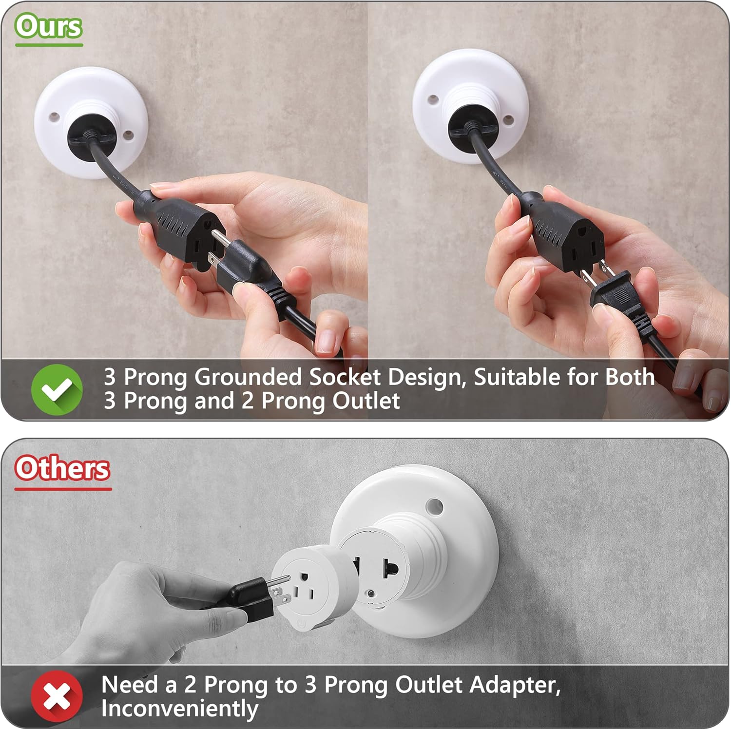 E26/ E27 2 and 3 Prong Light Bulb Socket Adapter Bundle with 3 Outlet Light Socket Adapter with Extension Cord