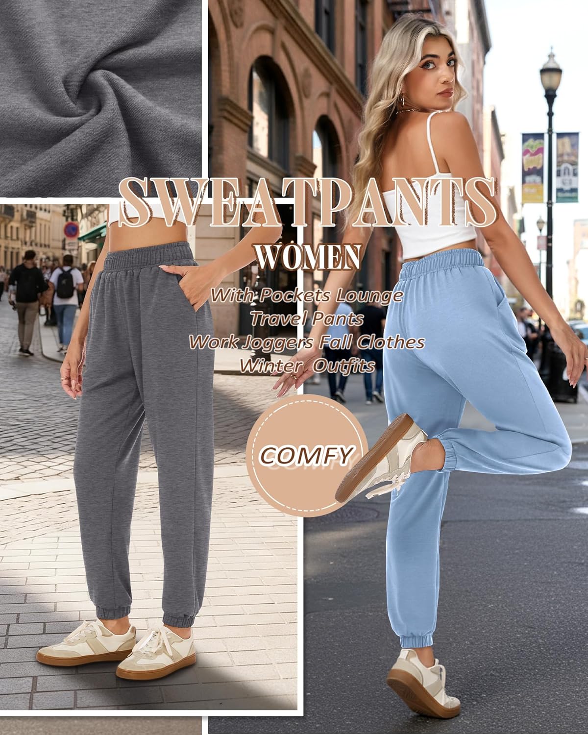 3 Pack Women's Joggers Sweatpants with Pockets, Elastic High Waisted Drawstring Baggy Lounge Trousers Yoga Workout - Image 5