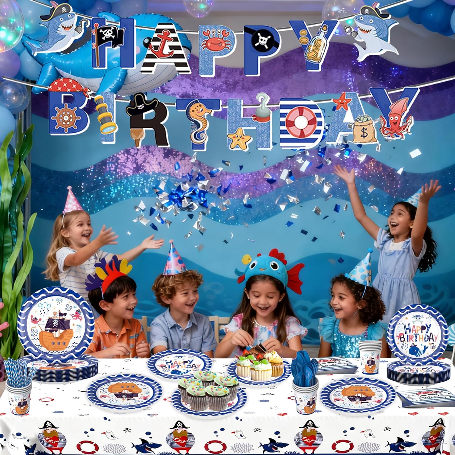 194Pcs Nautical Party Decorations, Pirate Party Birthday Set Includes Plates,Banner,Tablecloths,Cups,Napkins ,Adventure Disposable Party Supplies for First Birthday Party,Boys and Girls,Serves 24