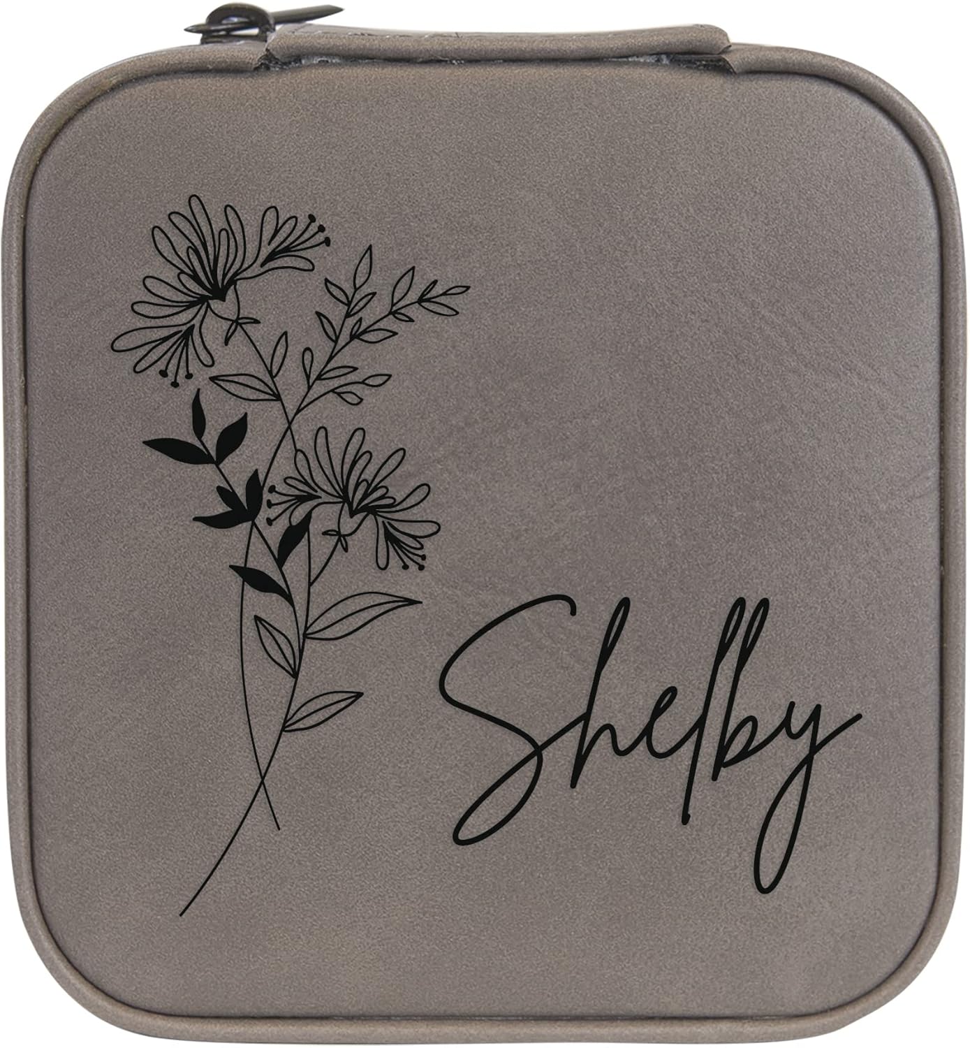 Personalized Birth Flower Jewelry Box Travel Case (Grey, June - Honeysuckle)