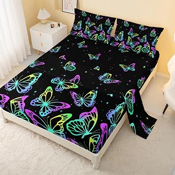 CVHouse Neon Butterfly Bed Sheets Set, Twin Size - 1 Flat & 1 Fitted Sheet with 2 Pillow Cases - 4 Pieces