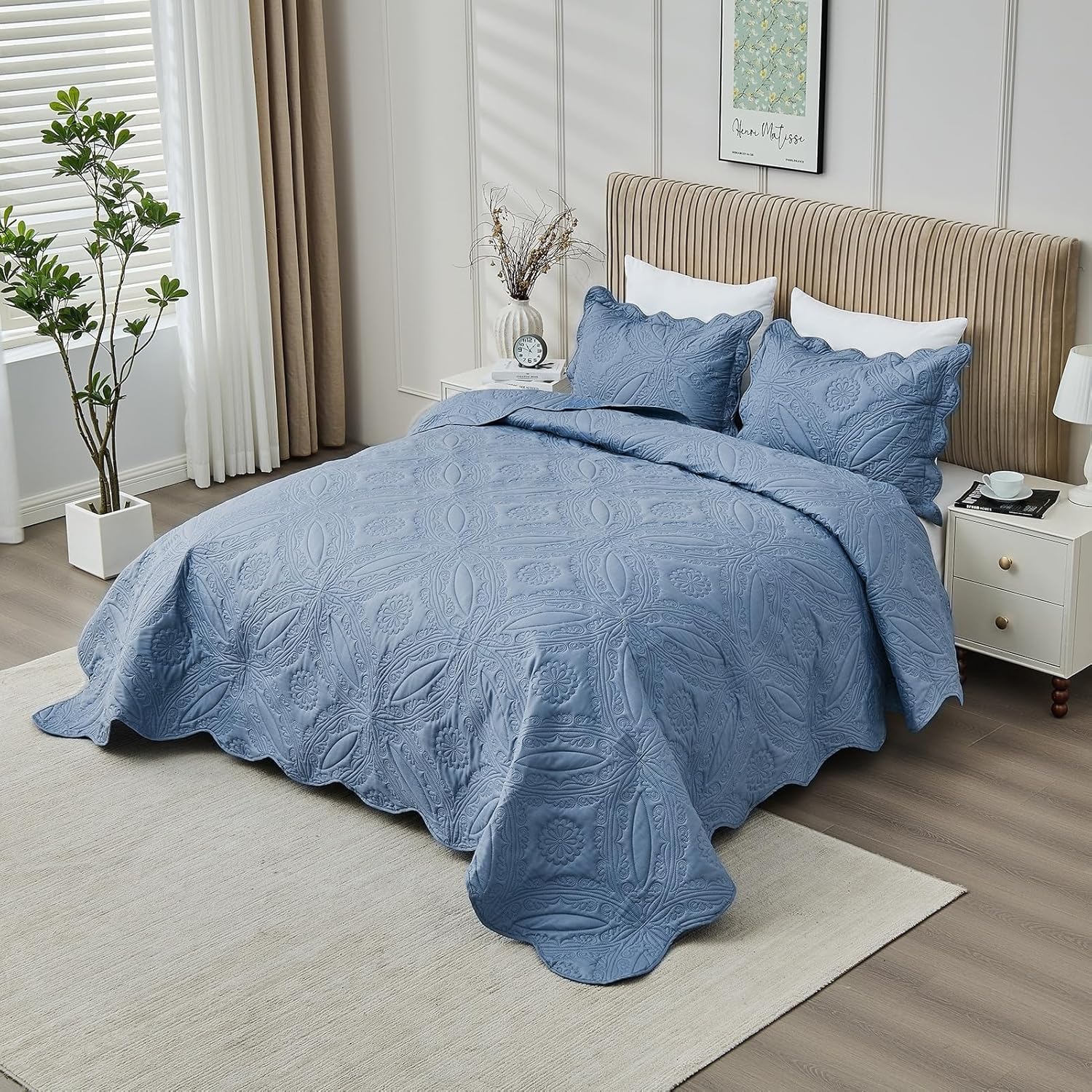 Kingnex Oversized King Bedspreads 128x120 for Extra Wide Tall King or Cal King Bed Ultrasonic Quilted Coverlet Set 3 Piece Include 1 Quilt 2 Pillowcases Faded Denim