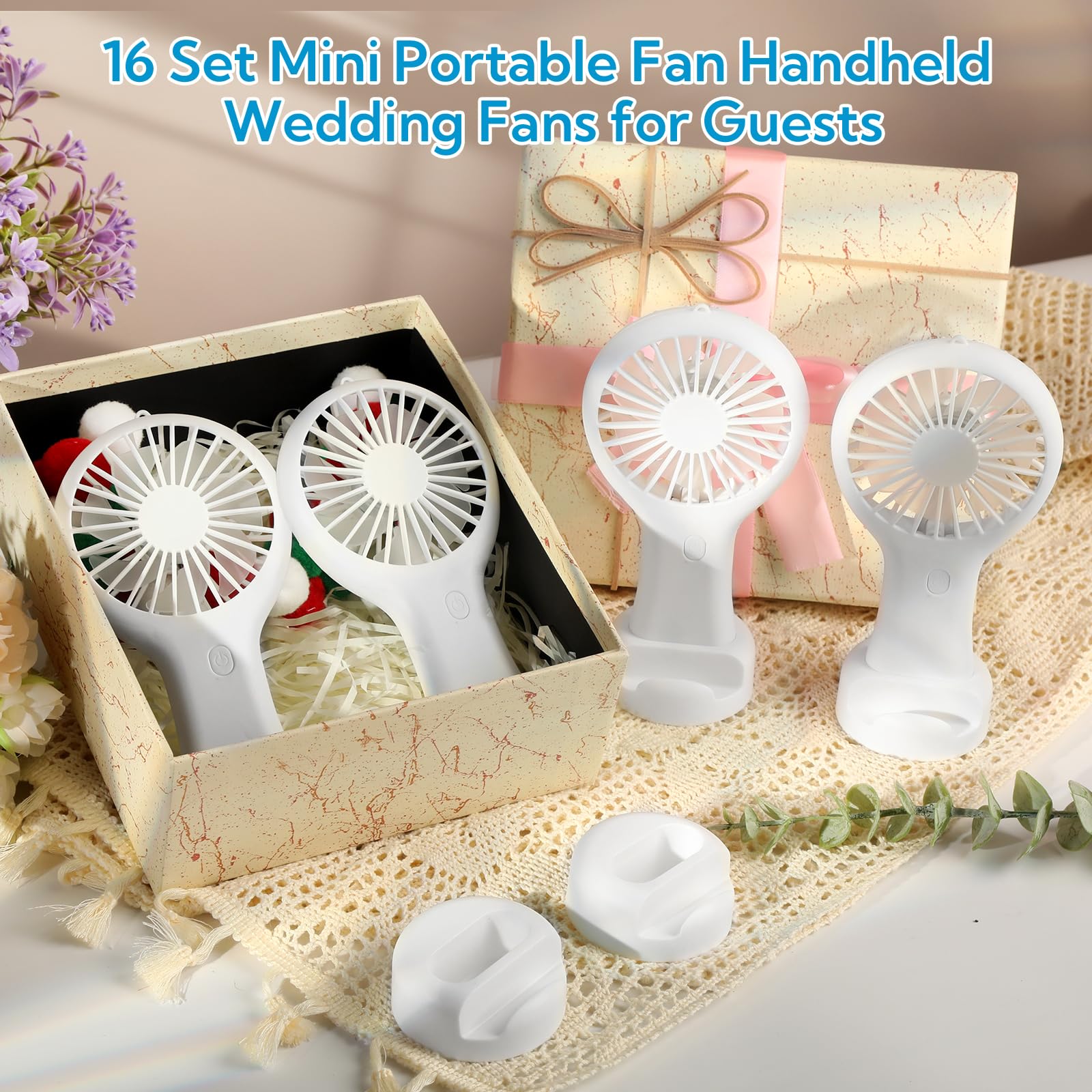 Confezione da 16 mini ventilatori portatili, ricaricabili tramite USB, con supporto da scrivania, funzionamento a batteria a 3 velocità, ventilatore portatile con cavo di ricarica, per matrimoni