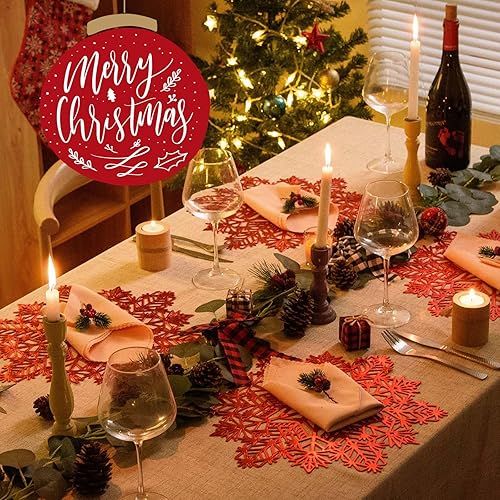 Miniatura 5 de AHHFSMEI Manteles individuales metálicos de vinilo prensado, juego de 6 manteles decorativos (rojo copo de nieve, redondo)