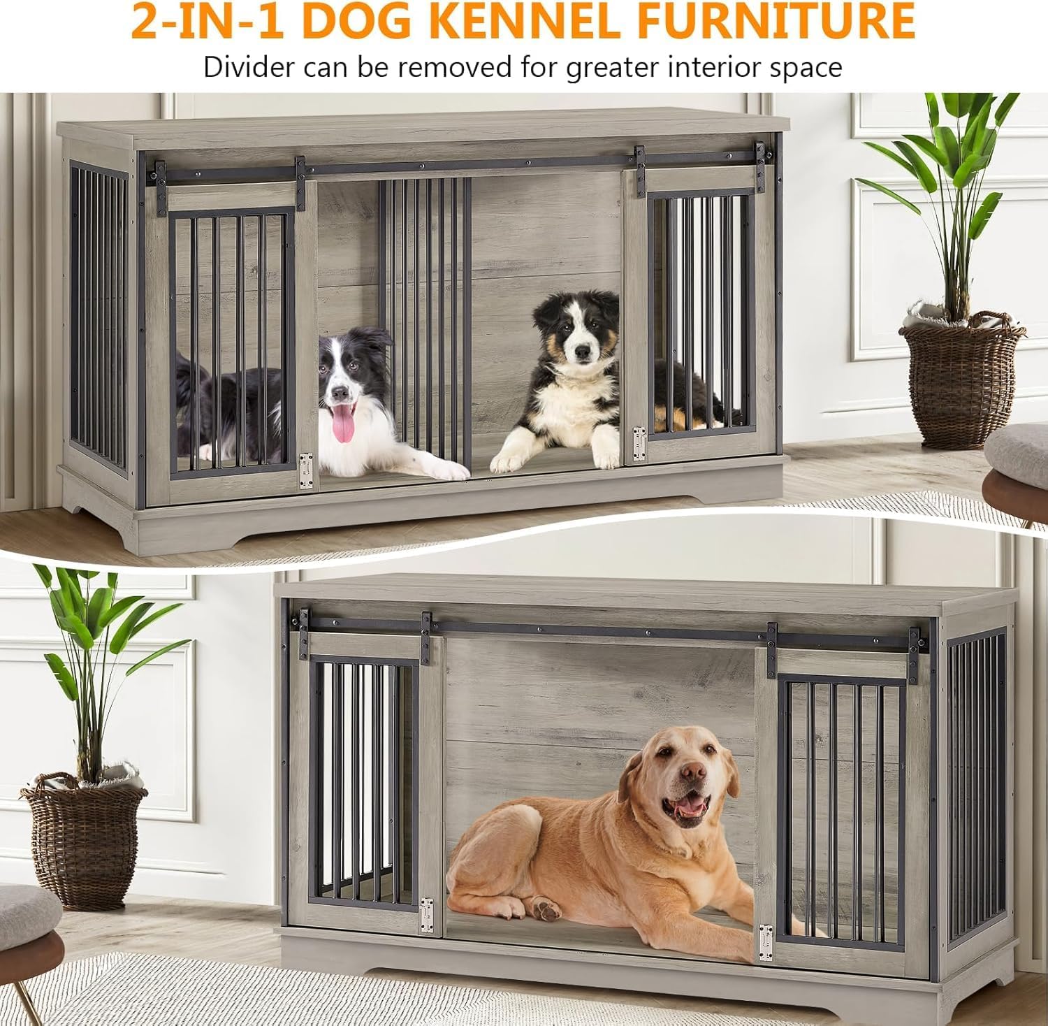 60.6"? Double Dog Crate Furniture, Heavy Duty Dog Kennel with Divider, Durable Dogs Crate as TV Stand with Sliding Door, XXL Wooden Dog Kennel for 2 Dogs (Grey Grey 60.6 INCH
