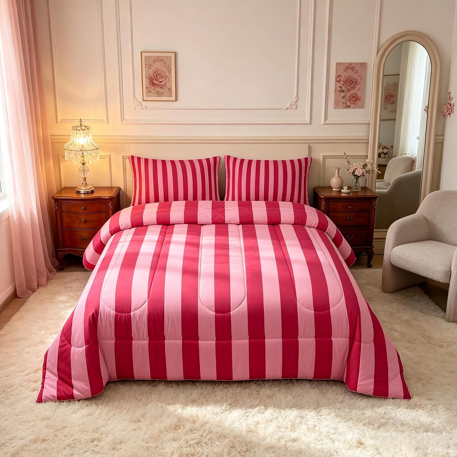 Feelyou Rose Pink Red Bedding Set for Kids Boys Girls Abstract Stripes Comforter Set Full Size Geometric Duvet Quilt Bedroom Decor Breathable Soft Lightweight Microfiber Modern 3Pcs