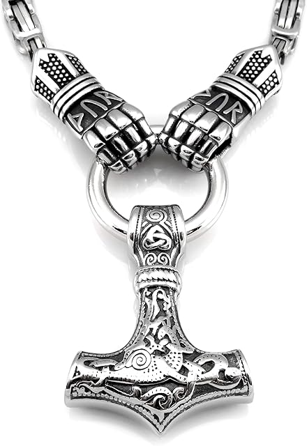 URBANTIMBER Solid Stainless Steel Viking Necklace Thor's Hammer with Armoured Gloves and Runes - Silver