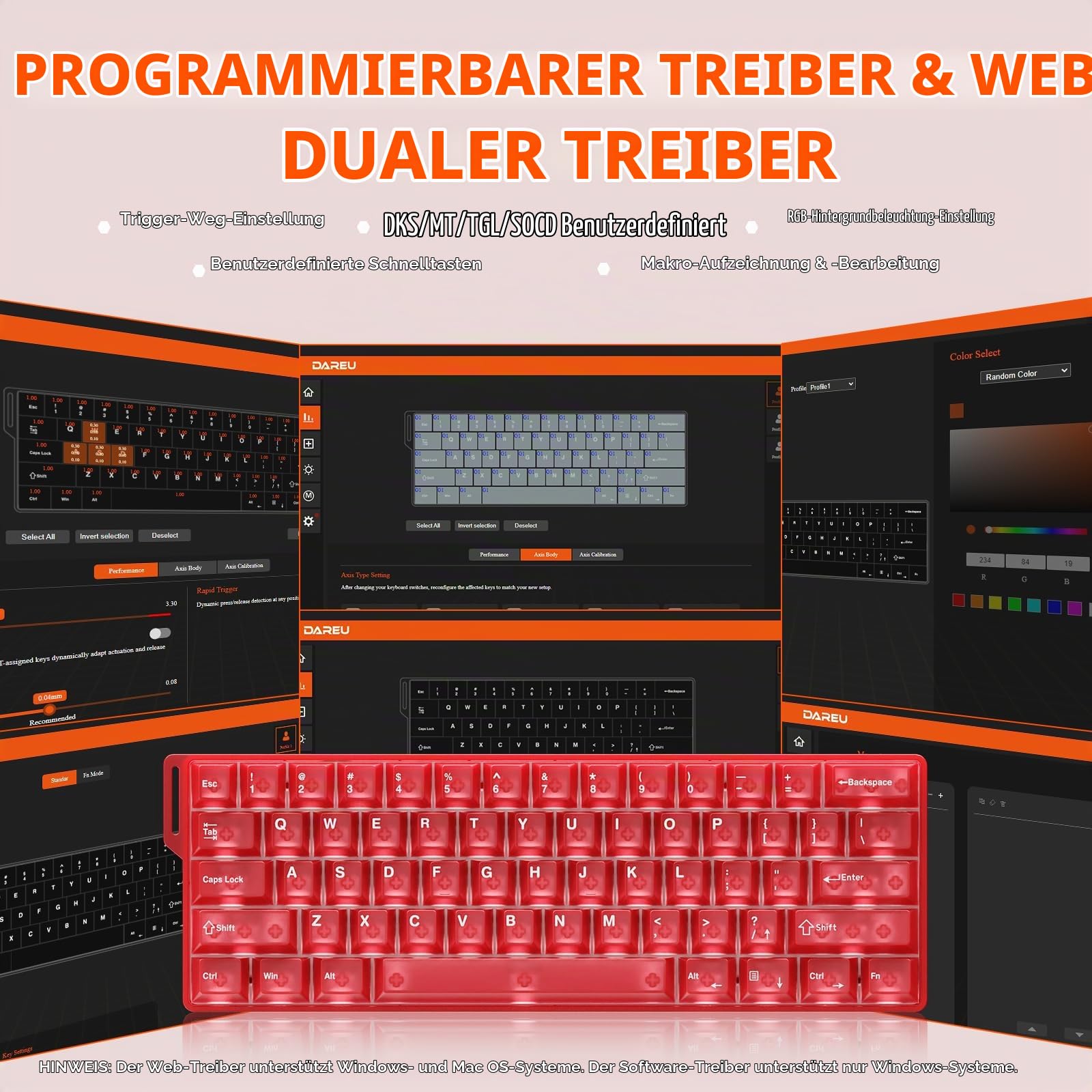 DAREU COOL60 8K Hz Rapid Trigger Magnetic Gaming Tastatur, 60% Wired Tastatur mit Halbtransparent Tastenkappen, 15 RGB Modes, 0,01mm RT-Genauigkeit, Einstellbare Betätigung, für PC/Mac(Rot)