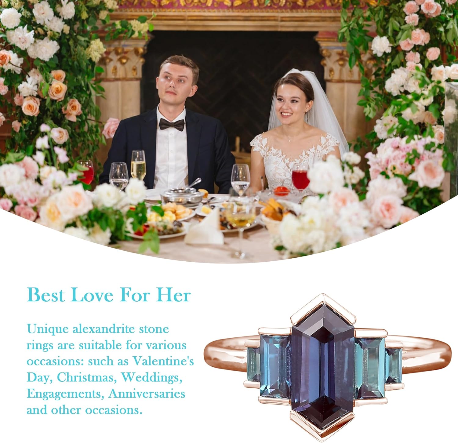 Vintage Long Hexagon Cut Alexandrite Engagement Ring Alexandrite Hexagon Ring for Women 10K/14K/18K Rose Gold Anniversary Ring Unique June Birthstone Wedding Bridal Gifts