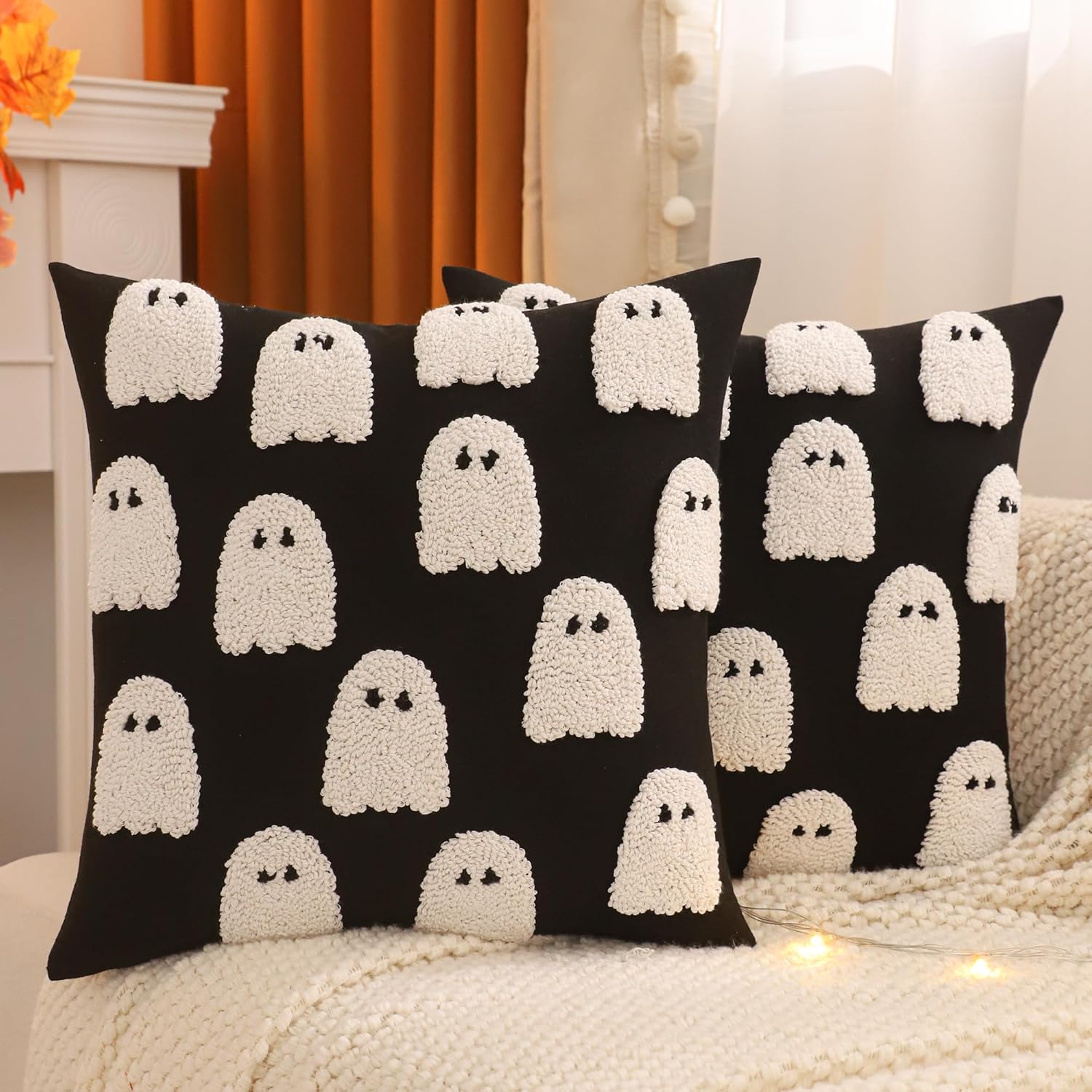 Halloween Throw Pillow Covers 18x18 inch Set of 2 Halloween White Spooky Ghosts Embroidered Pillow Cases Thanksgiving Home Party Fall Decor Black Pillowcases Square Cushion Covers